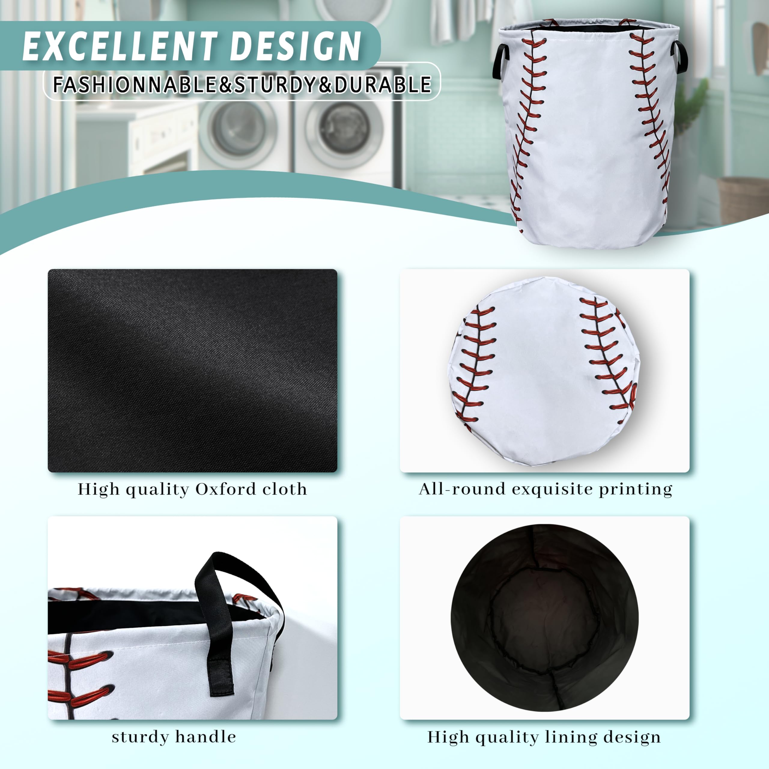 Baseball Texture Pattern Laundry Basket Foldable With Handles Tote Bag Oxford Cloth Funny Laundry Hamper Clothes Storage Bucket