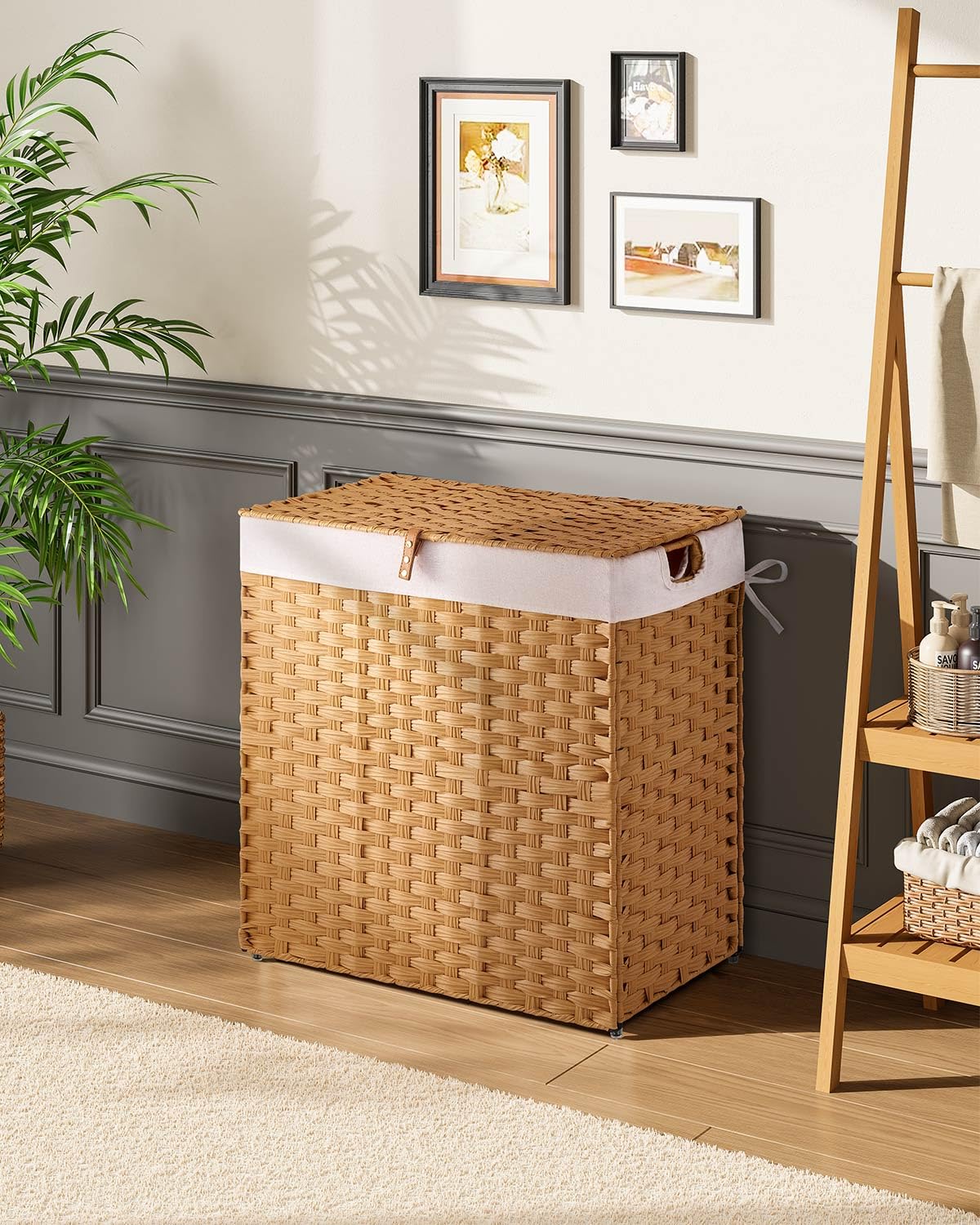 GREENSTELL Laundry Hamper with lid  No Install Needed  110L Wicker Laundry Baskets Foldable 2 Removable Liner Bags  2 Section Clothes Hamper Handwoven Rattan Laundry Basket with Handles  Natural