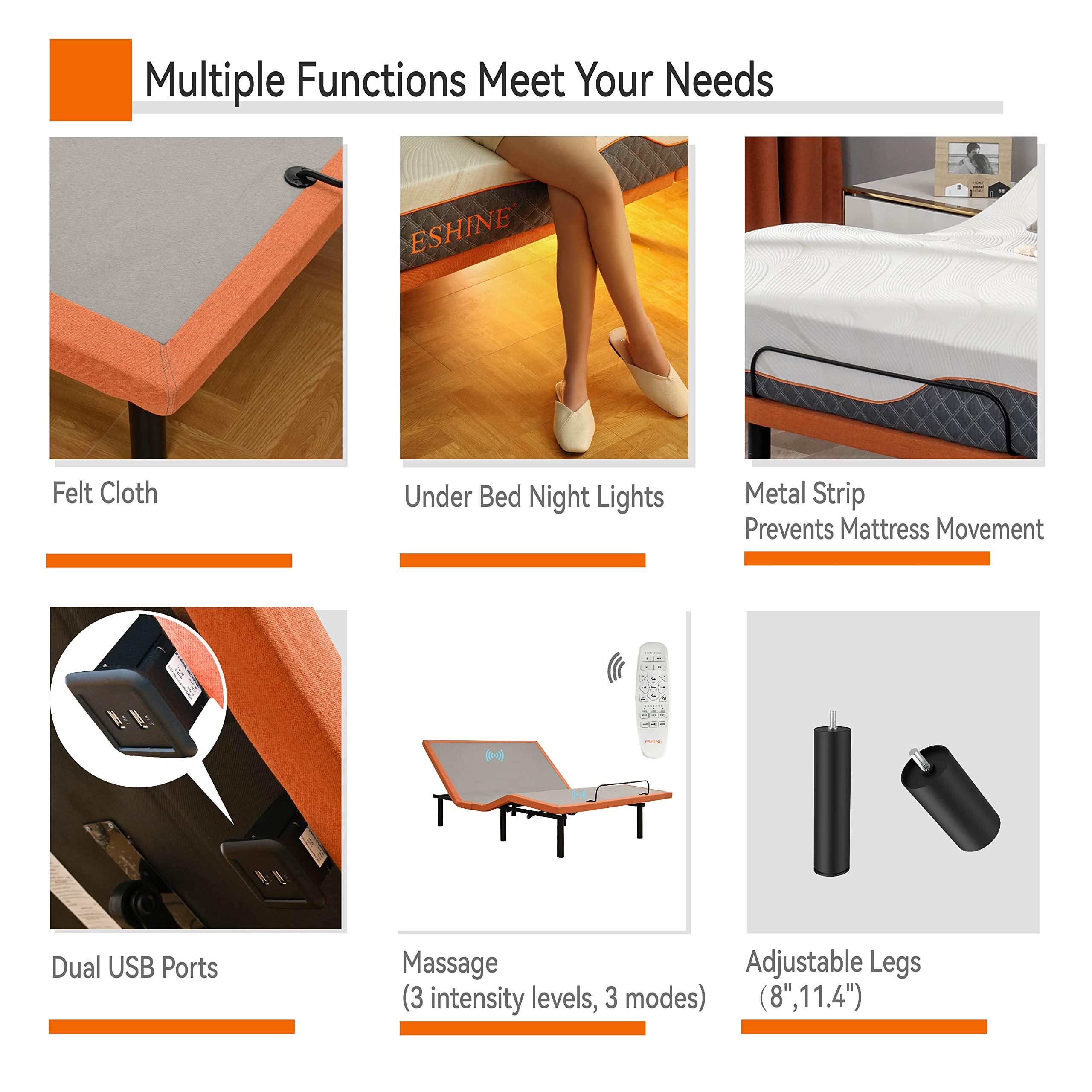 ESHINE Adjustable Bed Frame - Electric Bed Base with Massage  Wireless Remote  Ergonomic Foot&Head Incline  Zero Gravity  Dual USB Ports  Under Bed Light  Twin XL  3000 Series