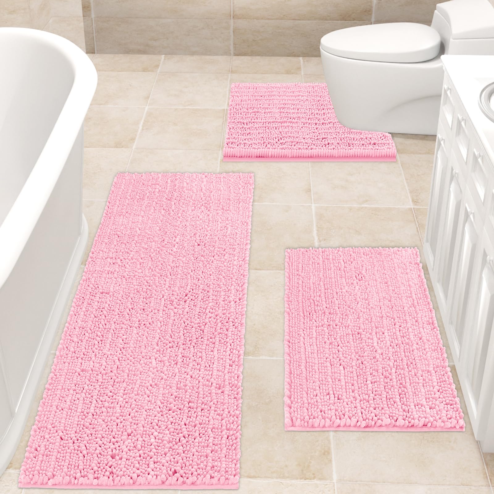 Accumtek Upgrade Extra Large Pink Bathroom Rug Set 3 Pieces Ultra Soft, Thick Absorbent Bath Mats, Non Slip Chenille Toilet Mat