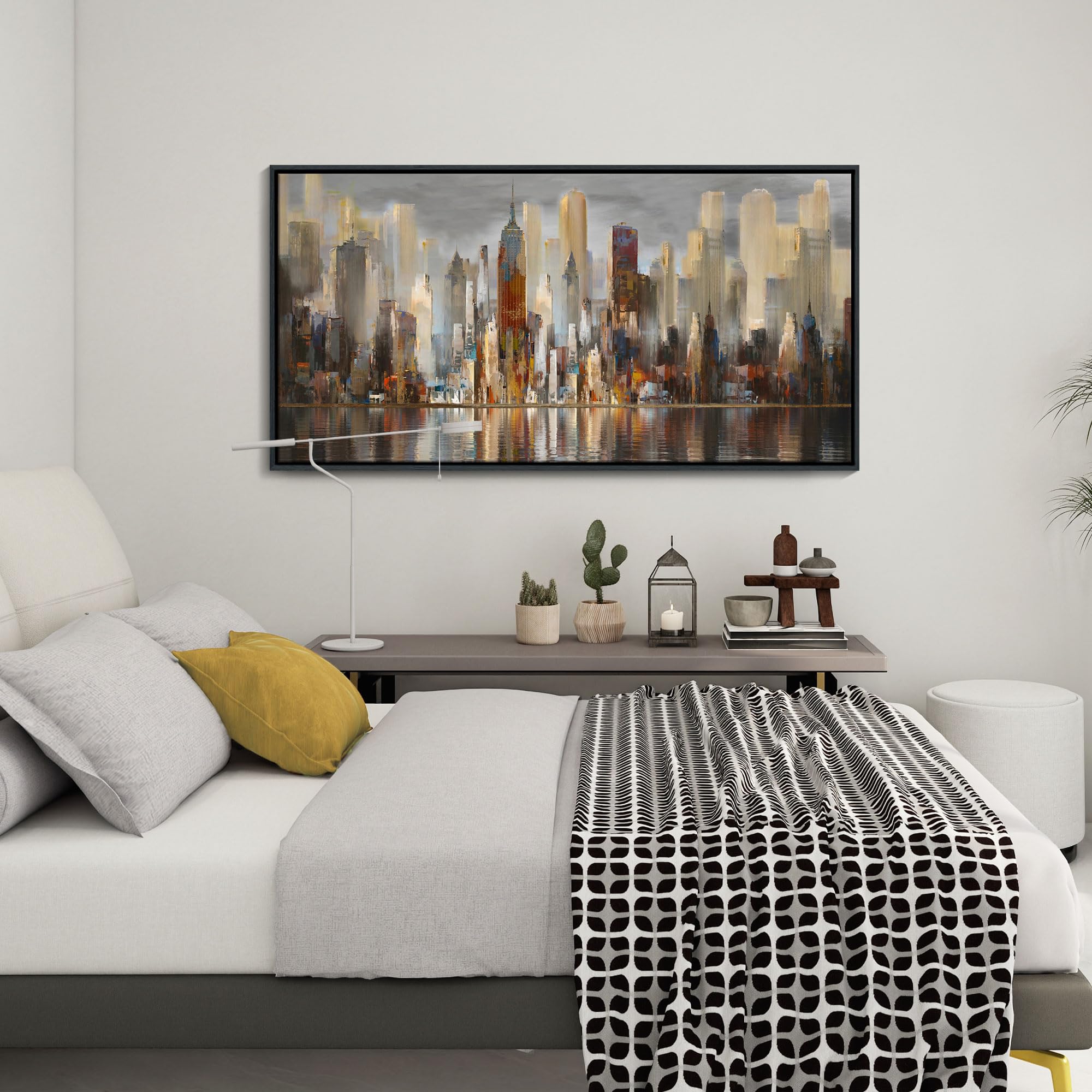 Abstract Brown New York City Canvas Wall Art Framed Large Wall Art For Living Room Modern Paintings For Bedroom Cityscape New Yo