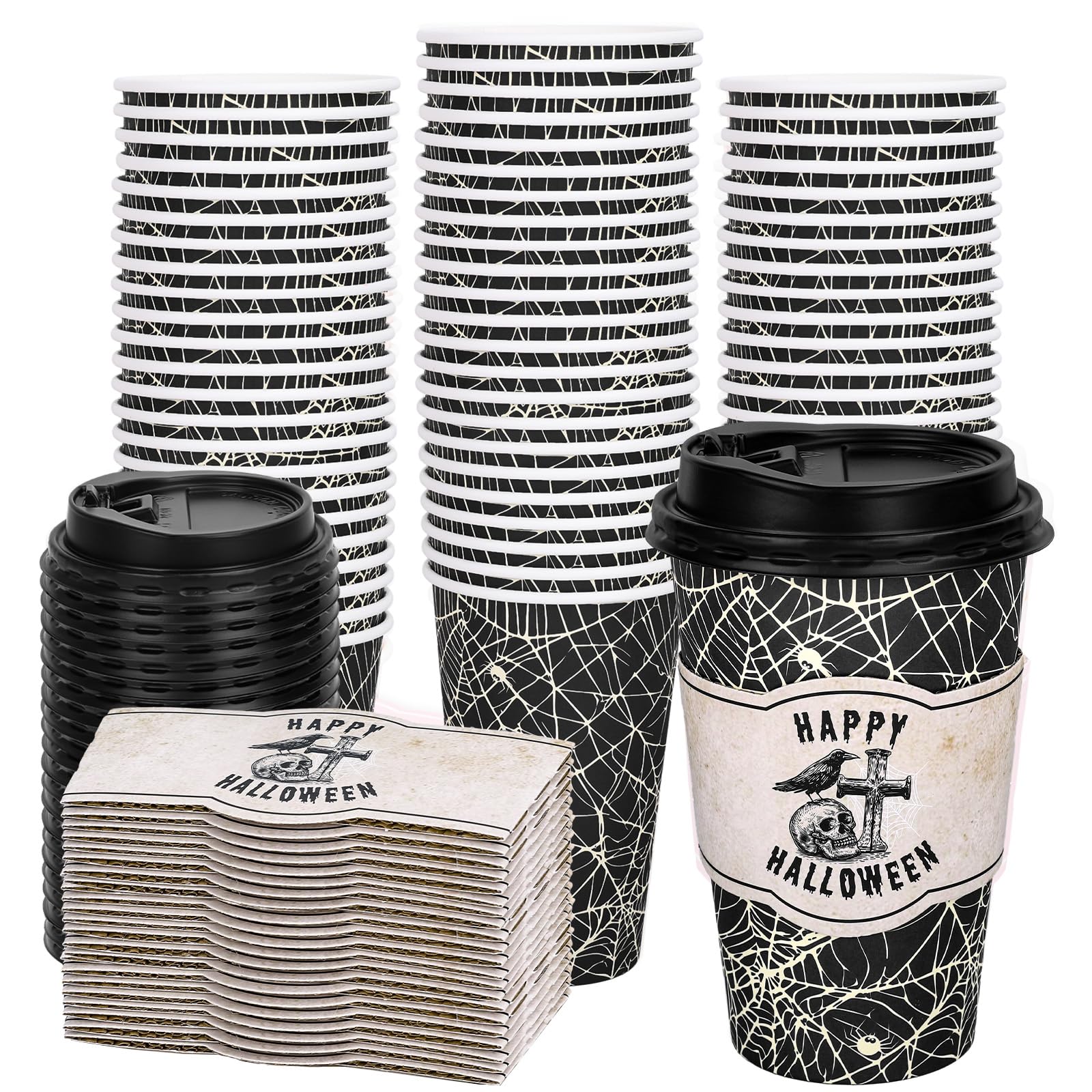 Whaline 50Pcs 16Oz Halloween Disposable Coffee Cup with Lids and Sleeves Vintage Black Spider Web Skull Paper Drinking Cup for T