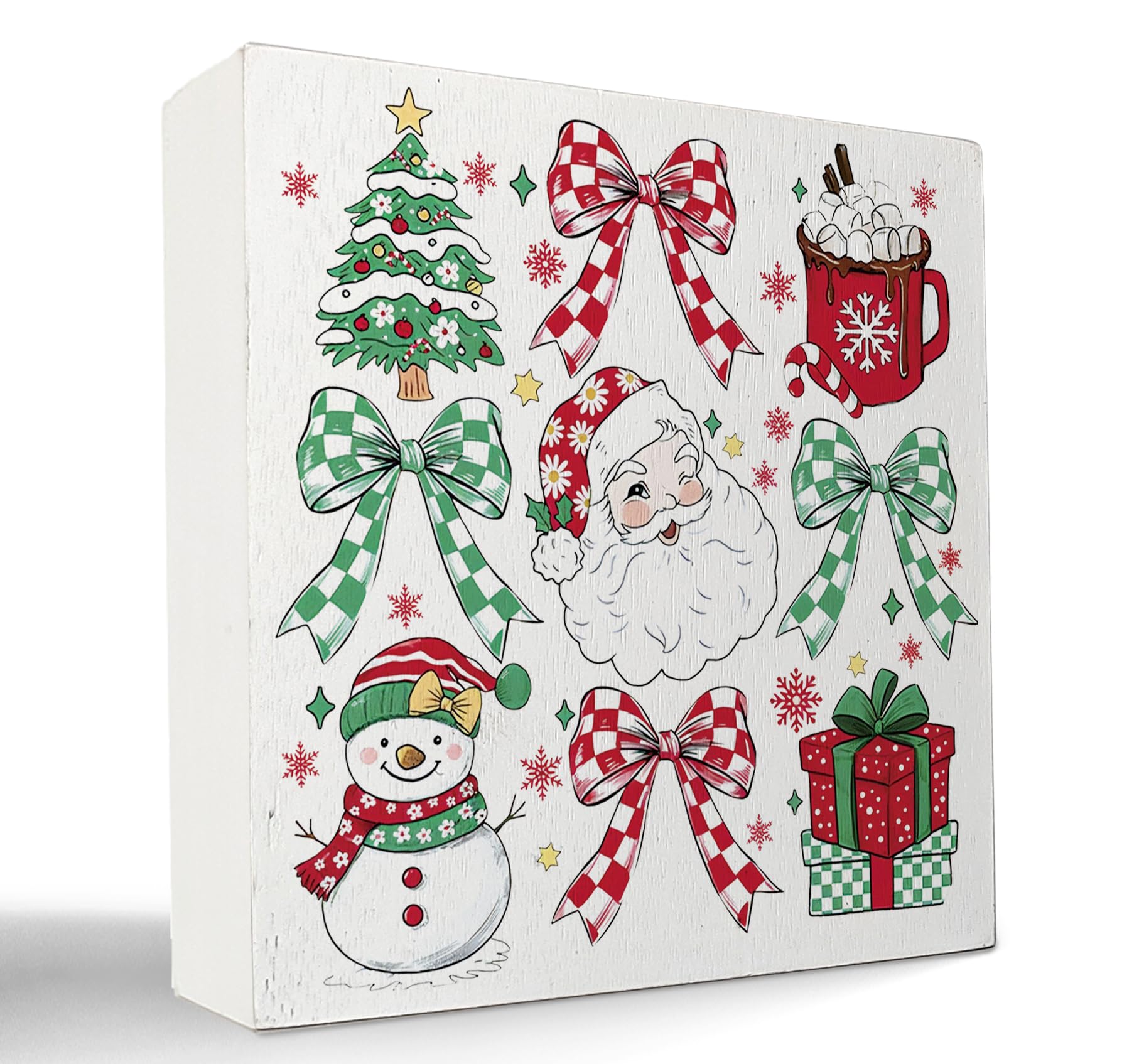 kunlisa Coquette Red and Green Bow Christmas Wooden Sign, Coquette Preppy Christmas Decor, Girly Xmas Tree Santa Snowman Wood Bo