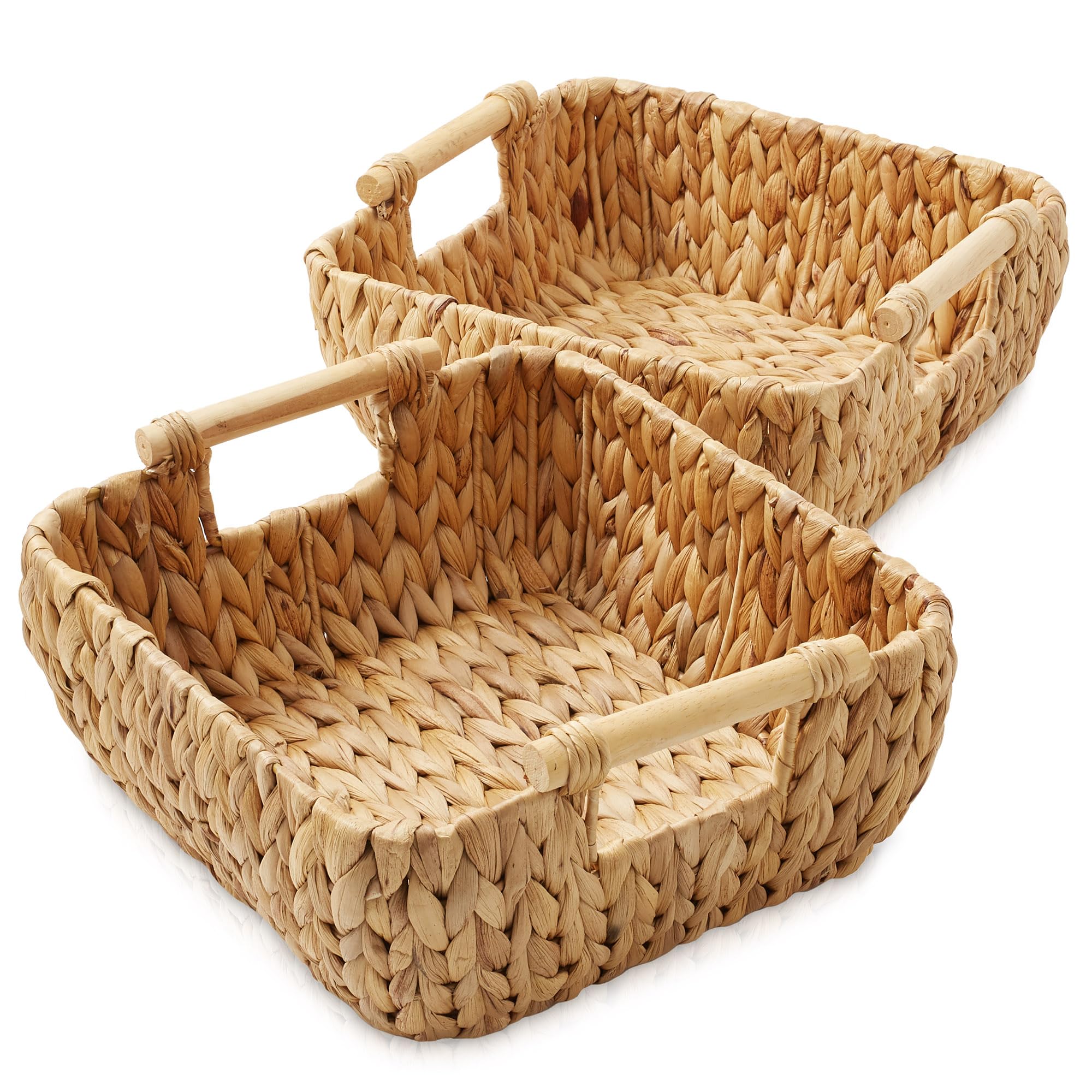 Casafield Set Of 2 Water Hyacinth Oval Storage Baskets With Wooden Handles - Small, Woven Bin Organizers