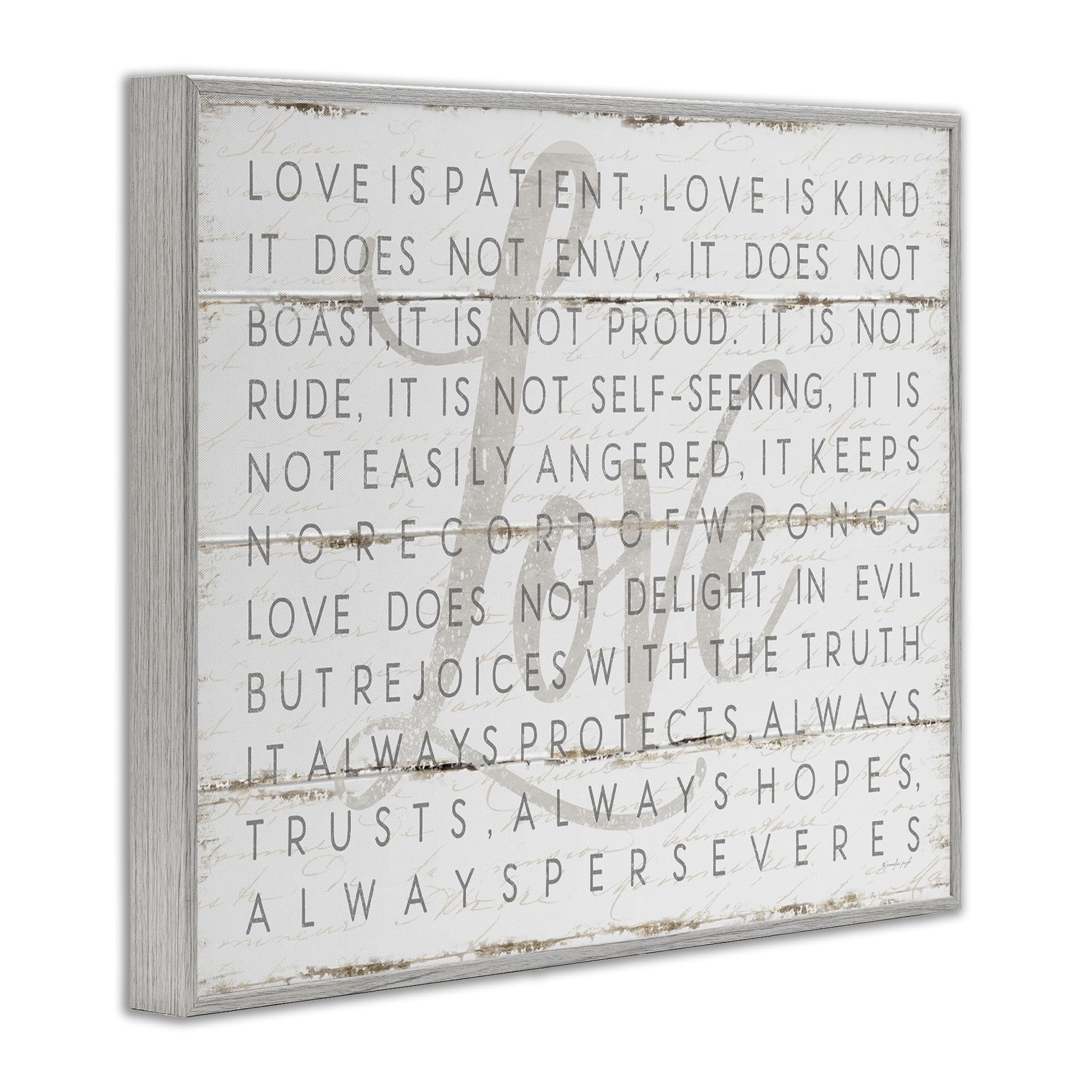 Stupell Industries Love Is Patient Grey On White Planked Look Framed Giclee Art Design By Jennifer Pugh