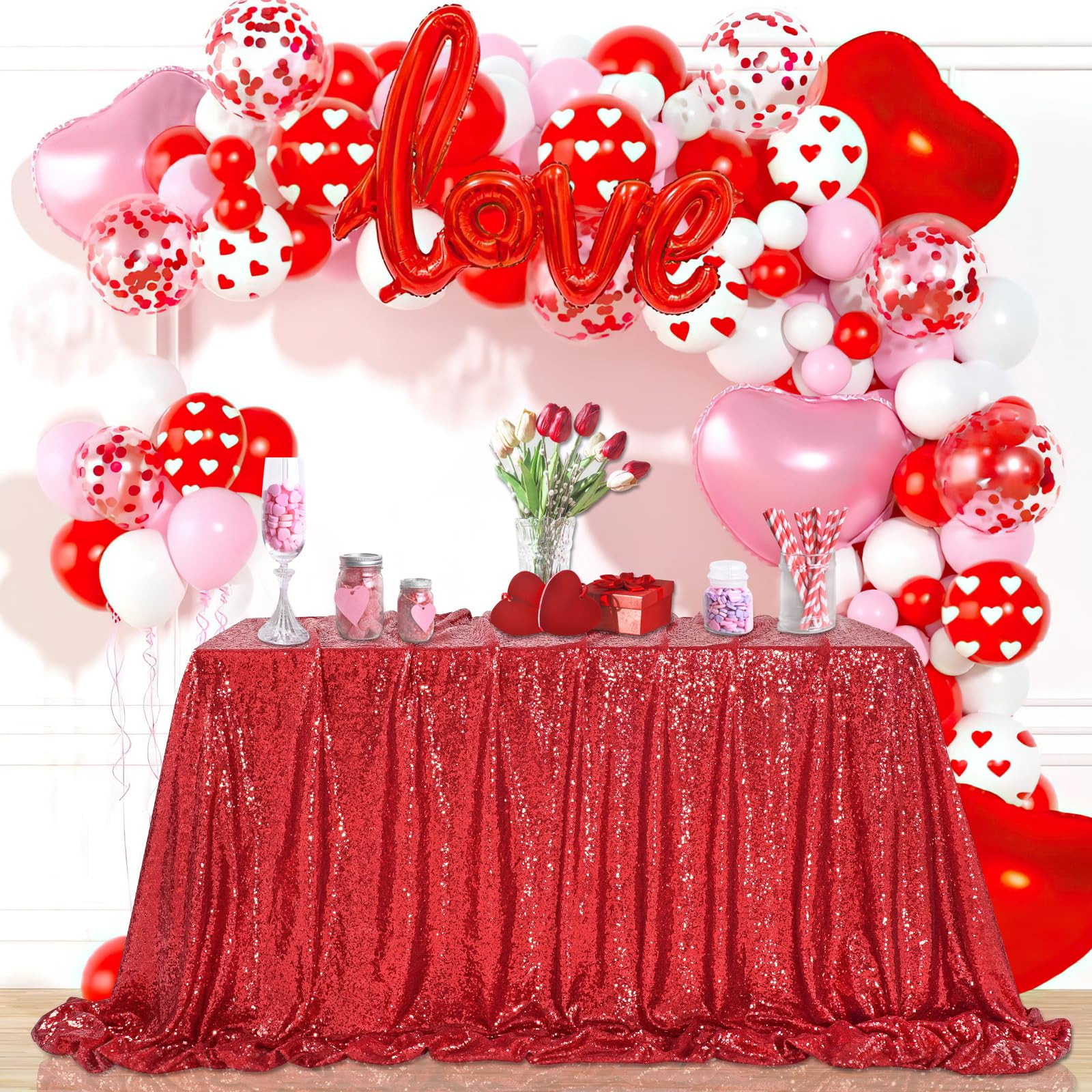 Queendream Sequin Tablecloth 90''X156'' Red Tablecloth Rectangular Party Tablecloth For Christmas Wedding Birthday Bridal Shower