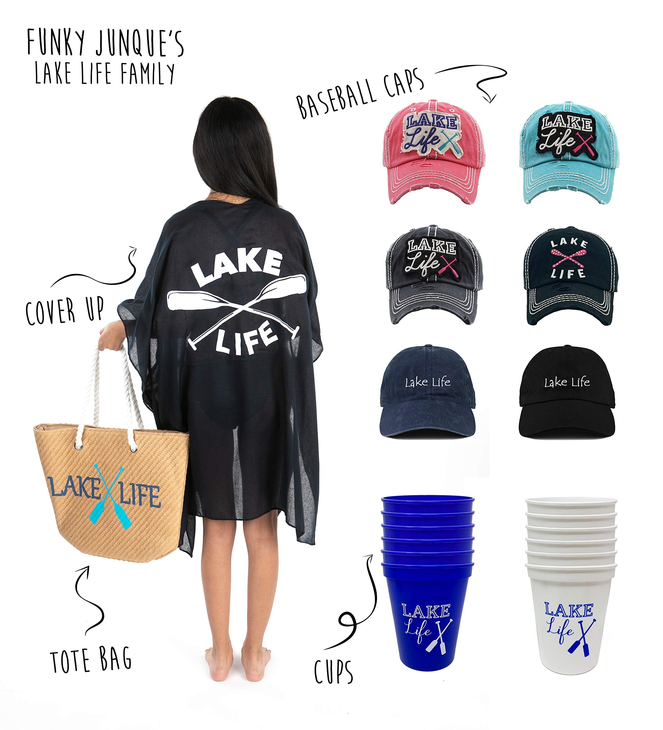 Funky Junque 16 Oz Reusable Plastic Girls Weekend Lake Cups With Fun Lake Sayings, Dishwasher Safe 6 Lake Life Cups (Blue)