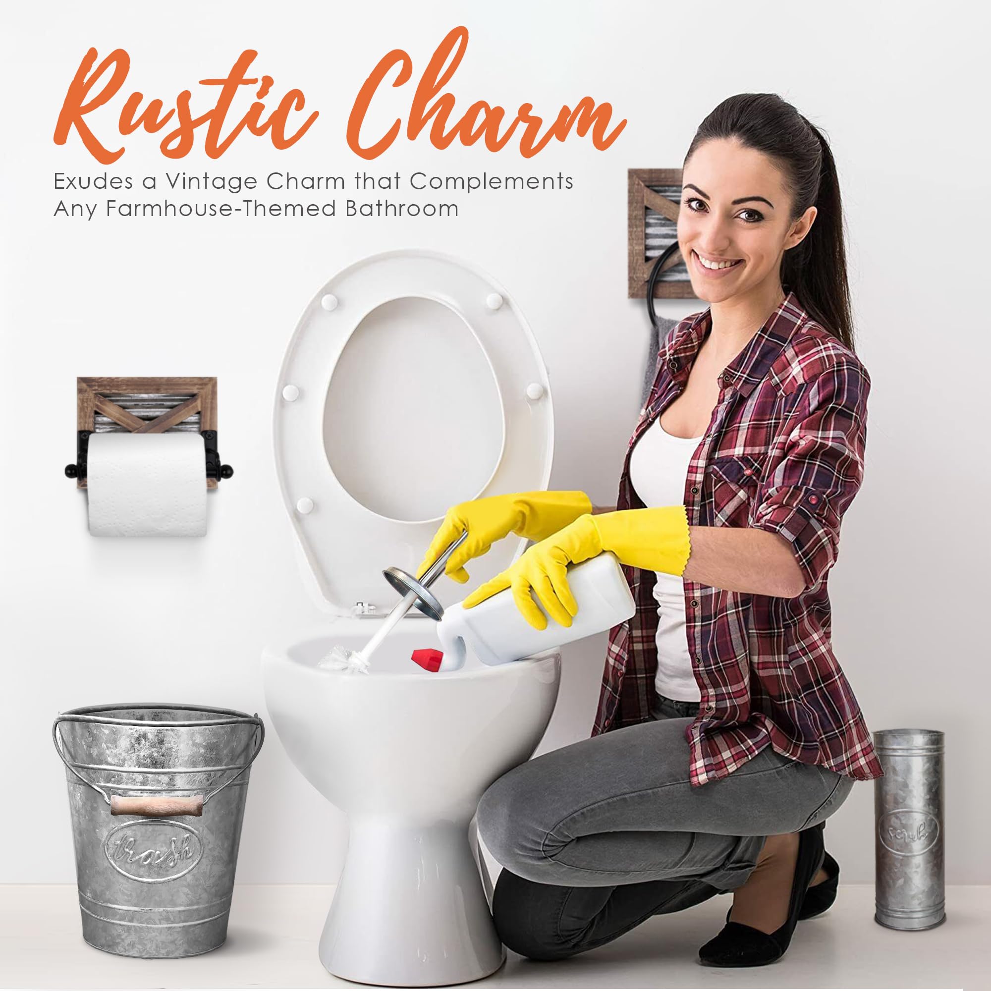 Autumn Alley Farmhouse Bathroom Trash Can And Toilet Brush Set - Rustic Bathroom Accessories For Charming Bathroom D  Cor, Galva