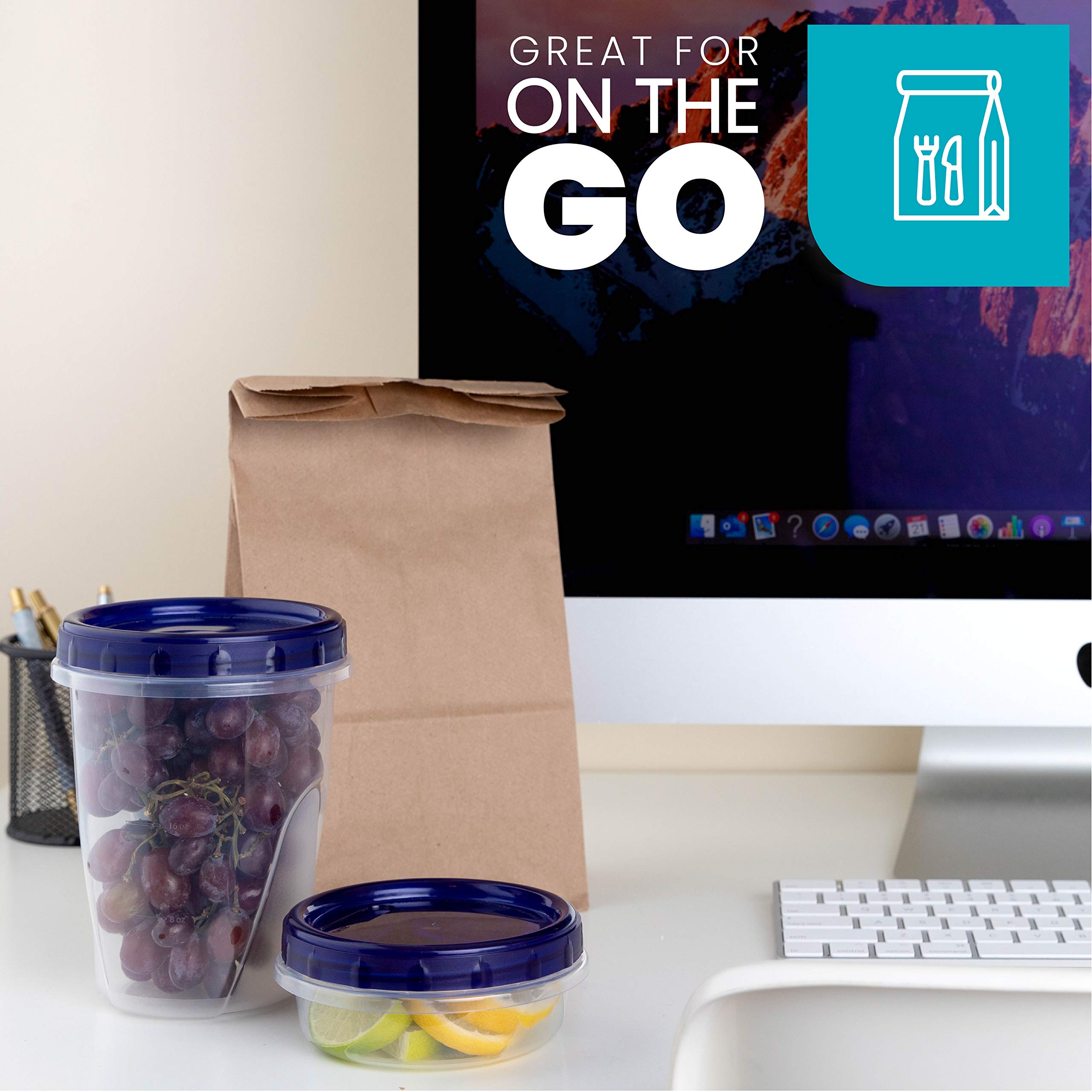 Plasticpro Food Storage Freezer Deli Containers Clear Bottom With Blue Top Twist On Lids Reusable, Stackable,[32 Oz 6 Pack]