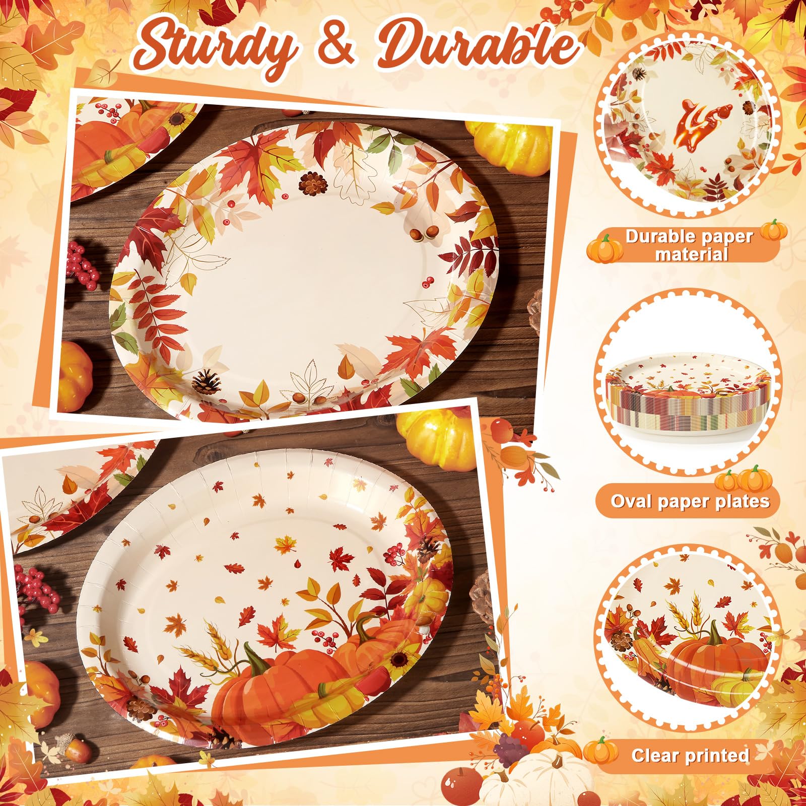 SUMMORO 50 Pcs Thanksgiving Oval Paper Plates 10x12 Large Disposable Fall Party Plates Heavy Duty Autumn Maple Pumpkin Disposabl