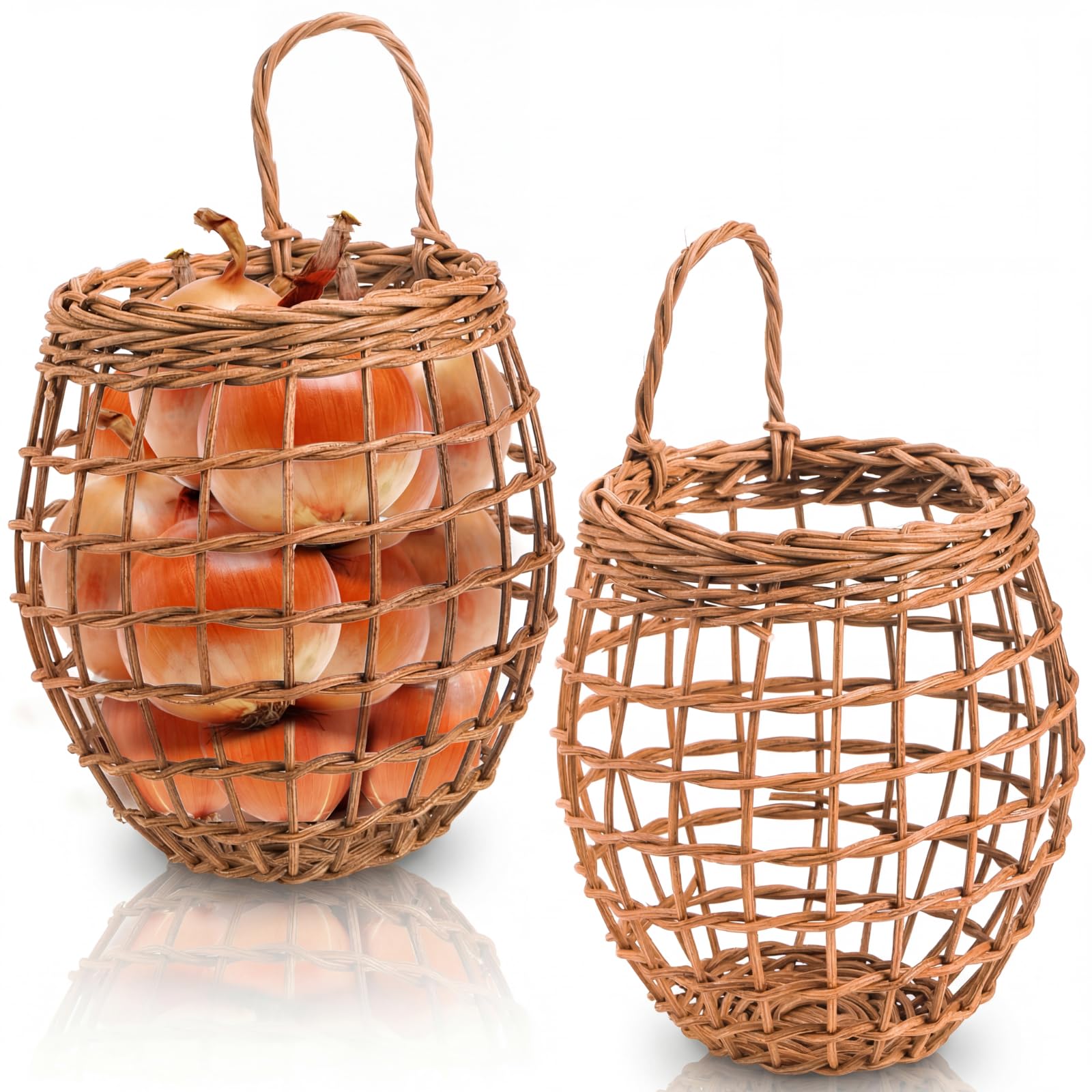 Elsjoy Set of 2 Hanging Onion Basket, Wall Mount Small Wicker Baskets for Food Storage, Woven Rattan Basket for Kitchen, Pantry,