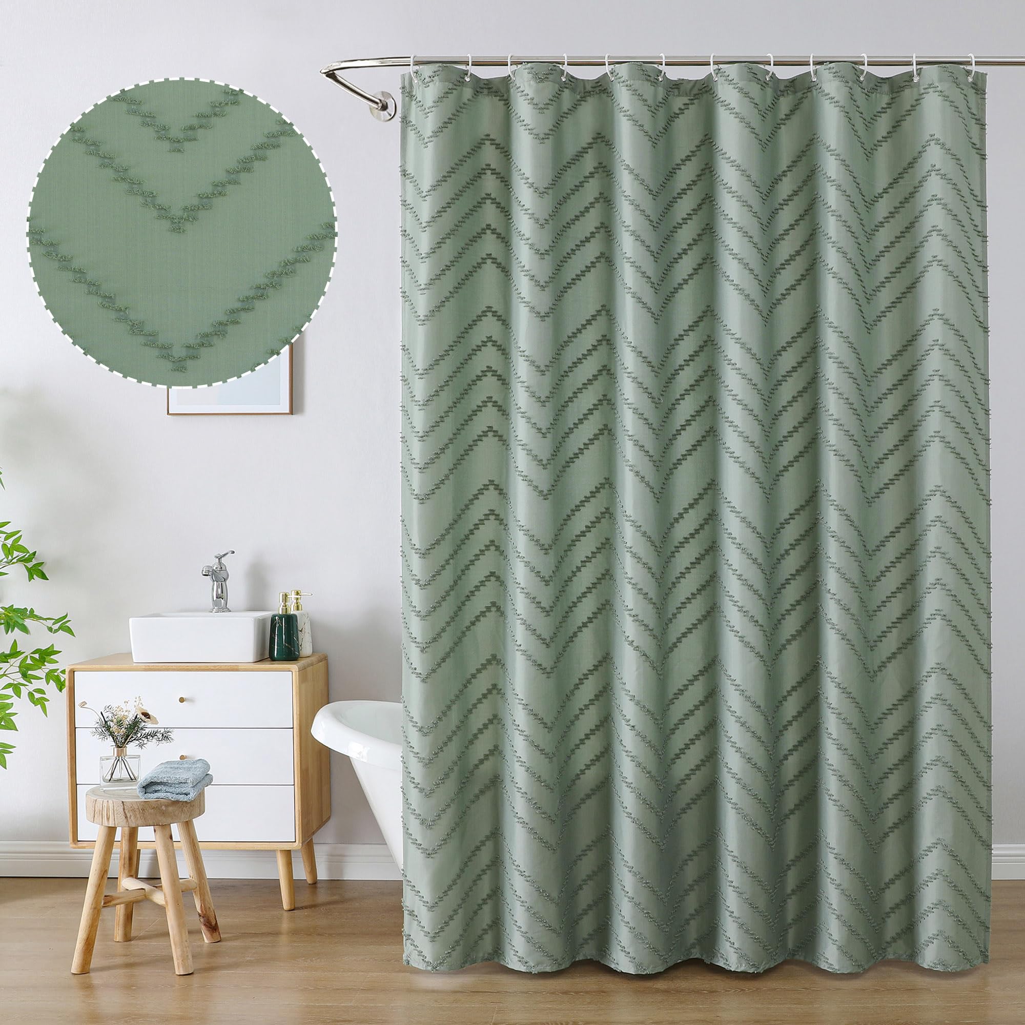 Chyhomenyc Chevron Sage Green Boho Shower Curtain 72X78 Inches, Extra Long Modern Fabric Shower Curtain Chic Textured Tufted Che