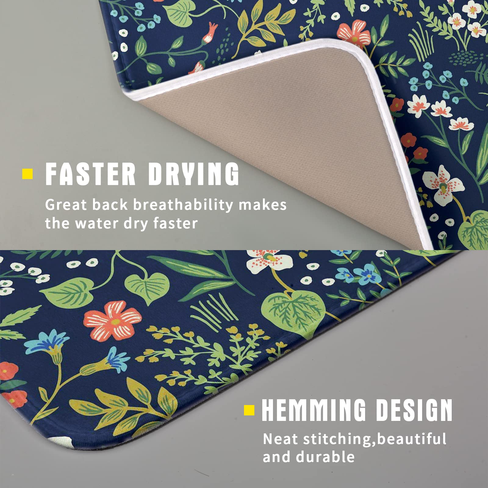 Flower Floral Dish Drying Mat 18X24 Inch Microfiber Navy Blue Drying Mats With Hanging Loop Absorbent Green Leaves Dish Drainer