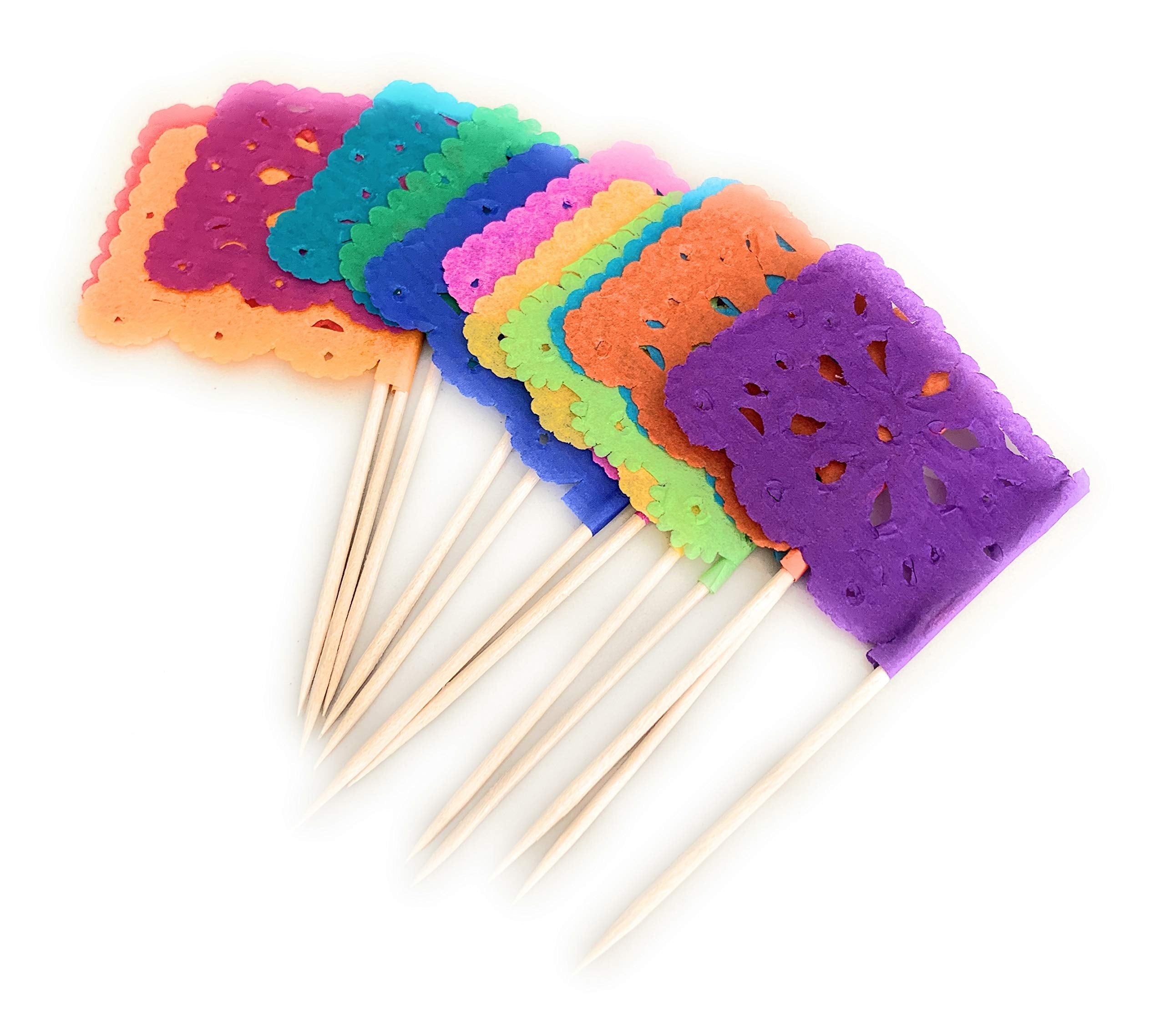 Set Of 24 Pcs Multi-Colored Mini Mexican Paper Papel Picado Tissue Banner Flags Banderita S Fiesta Party Decorations Cupcake Top