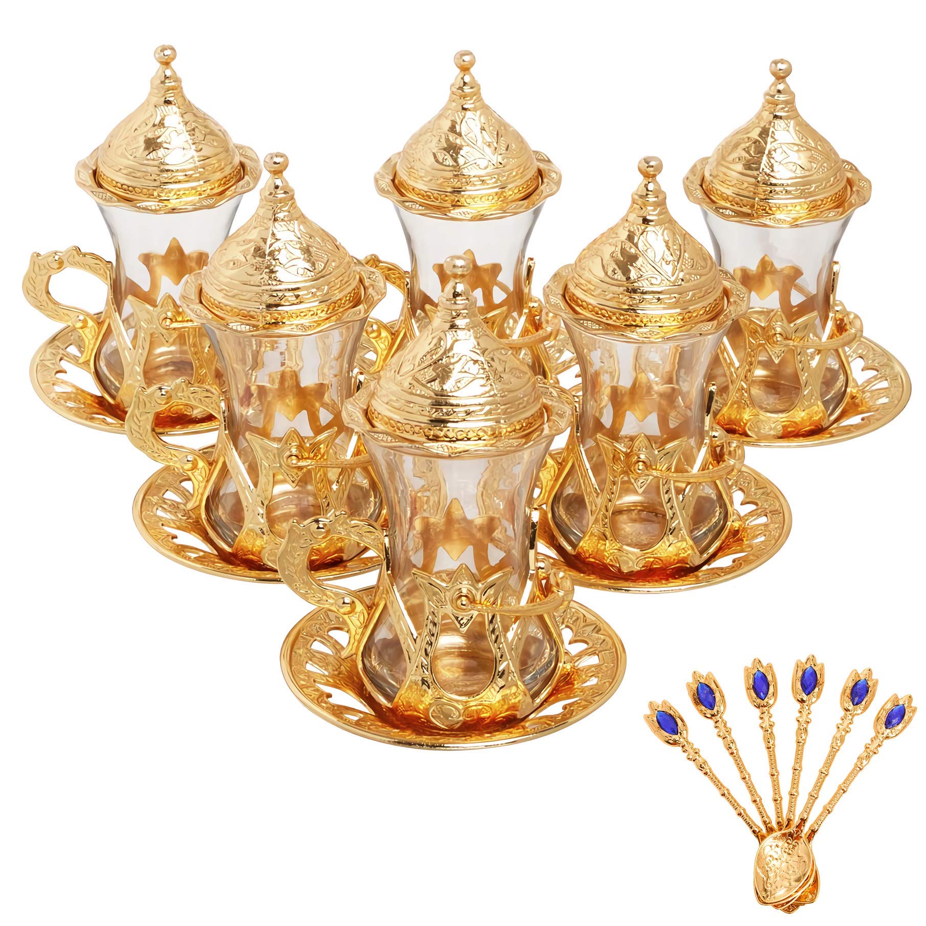 Alisveristime (Set Of 6 Handmade Turkish Tea Water Zamzam Serving Set Glasses Saucer And Spoon (Gold)