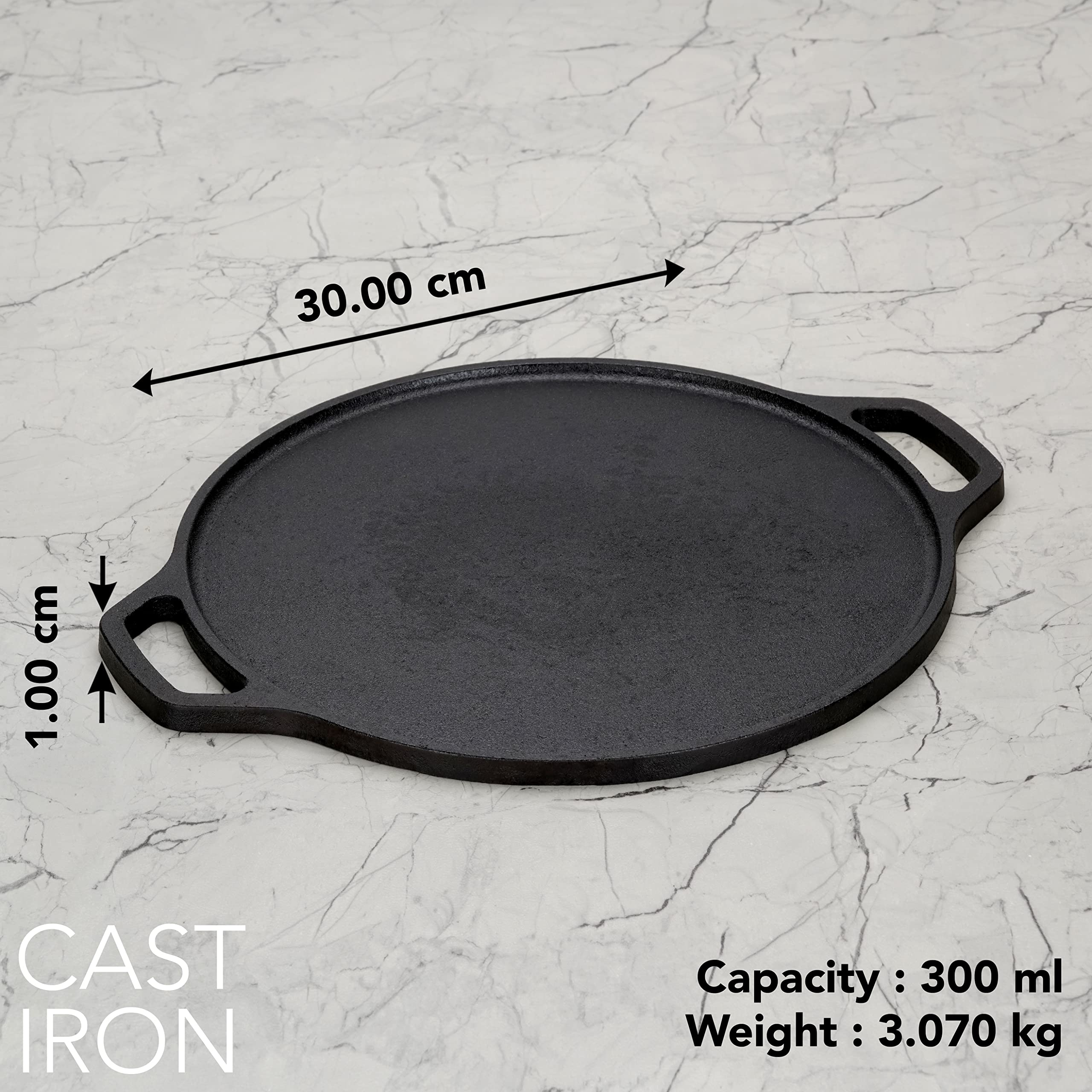 Sumeet Pre Seasoned Heavy Weight Cast Iron Flat Dosa Tawa,Induction Friendly, 30Cm, Weight - 3.070Kg, Black