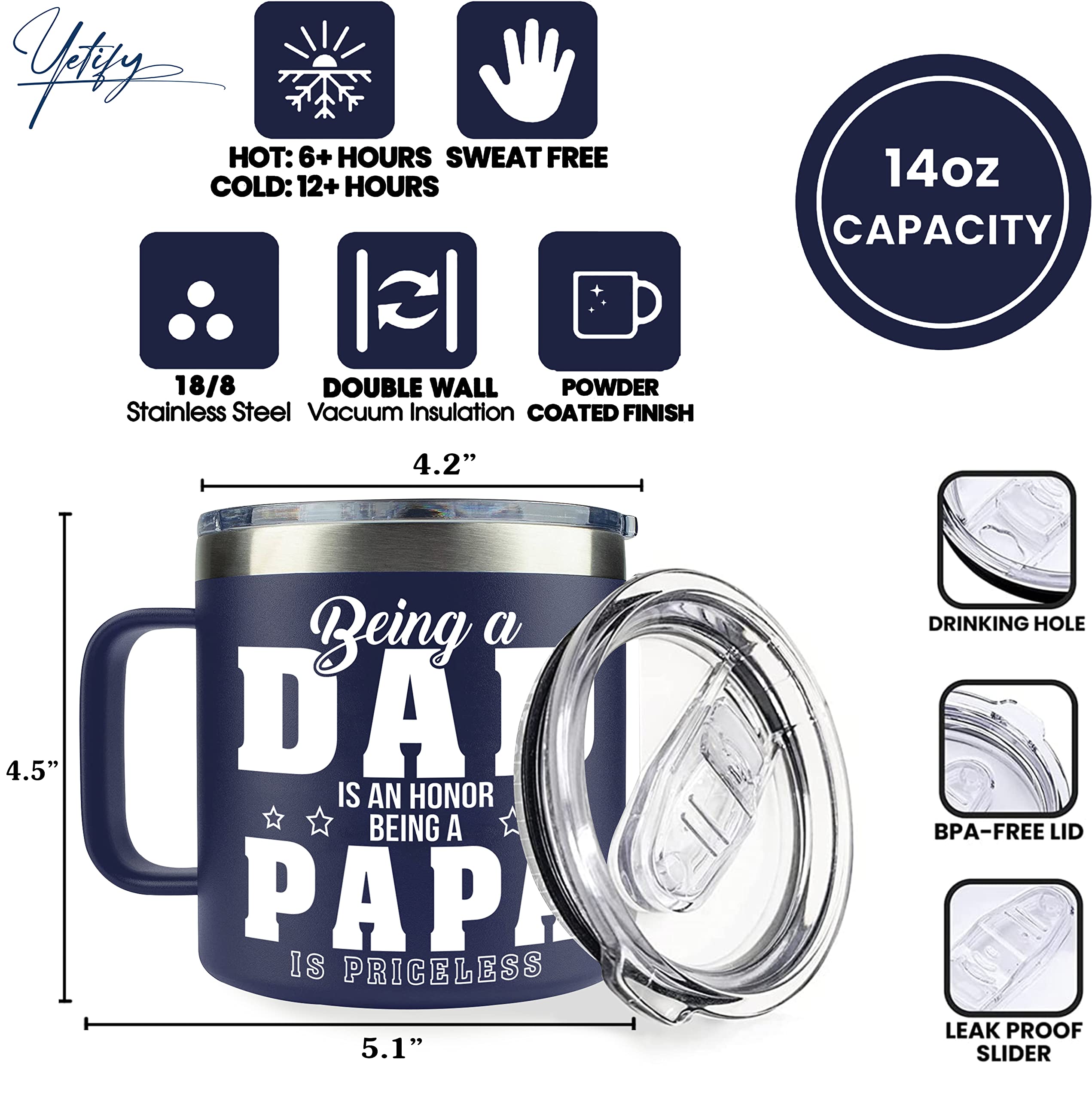 YETIFY Gifts for Papa, Dad from Daughter Son, Kids - Papa Mug for Christmas - Presents for Dad, Grandpa on Birthday - Insulated