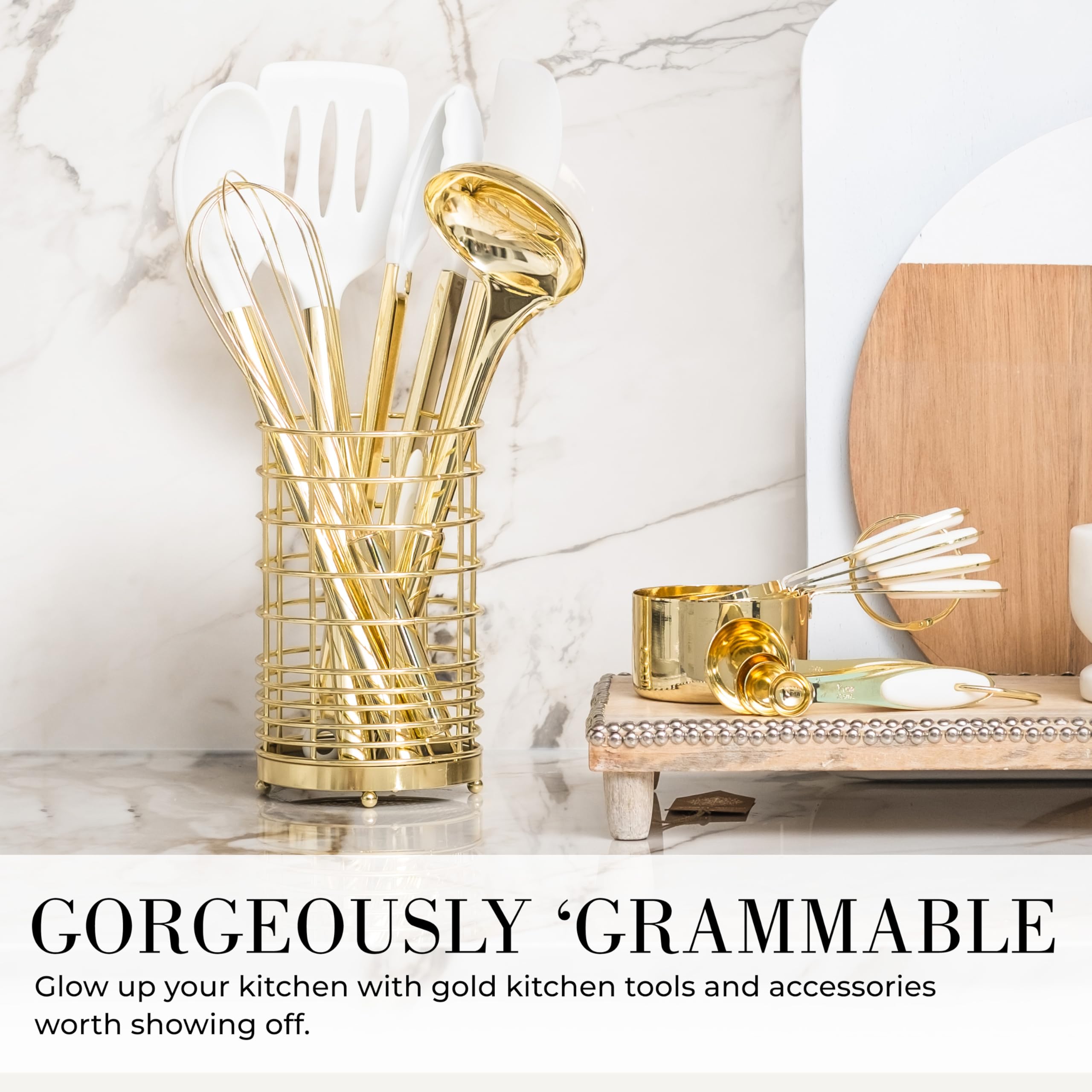 White Silicone And Gold Cooking Utensils Set With Gold Utensil Holder - 7-Piece Silicone Cooking Tools - Ideal For Nonstick Cook