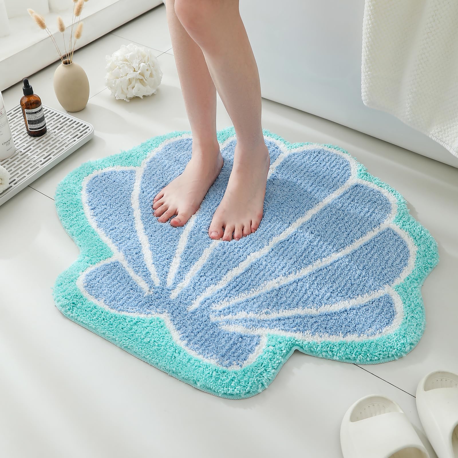 Yrxrus Seashells Bathroom Rug, Valentine'S Day Decoration Blue Bathroom Rugs, Ocean Decor Shell Bath Mat Gifts, Cute Seashell Sh