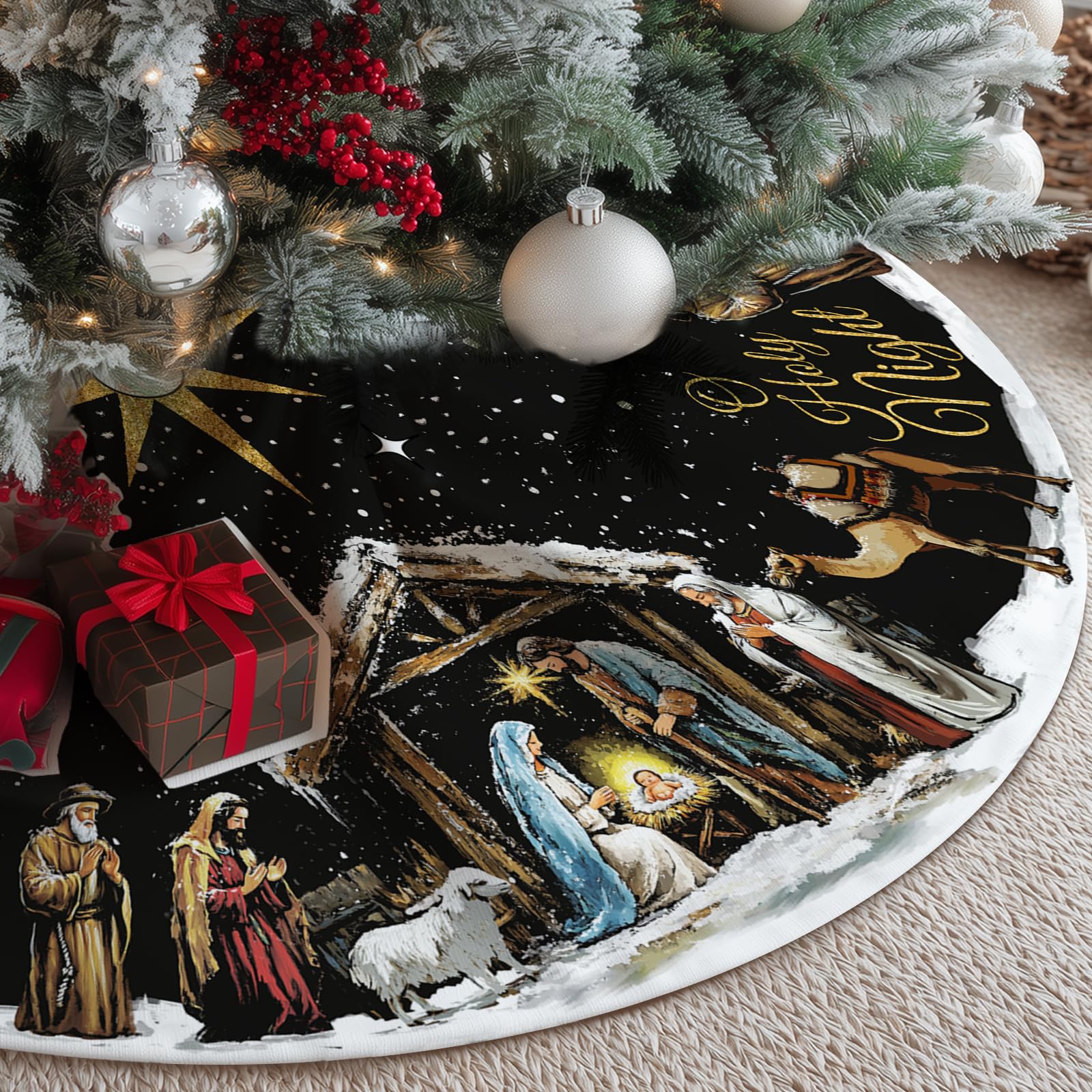 CROWNED BEAUTY Christmas Tree Skirt Collar 48 Inch Religious Holy Night Soft Farmhouse Black Holiday Decoration TS39