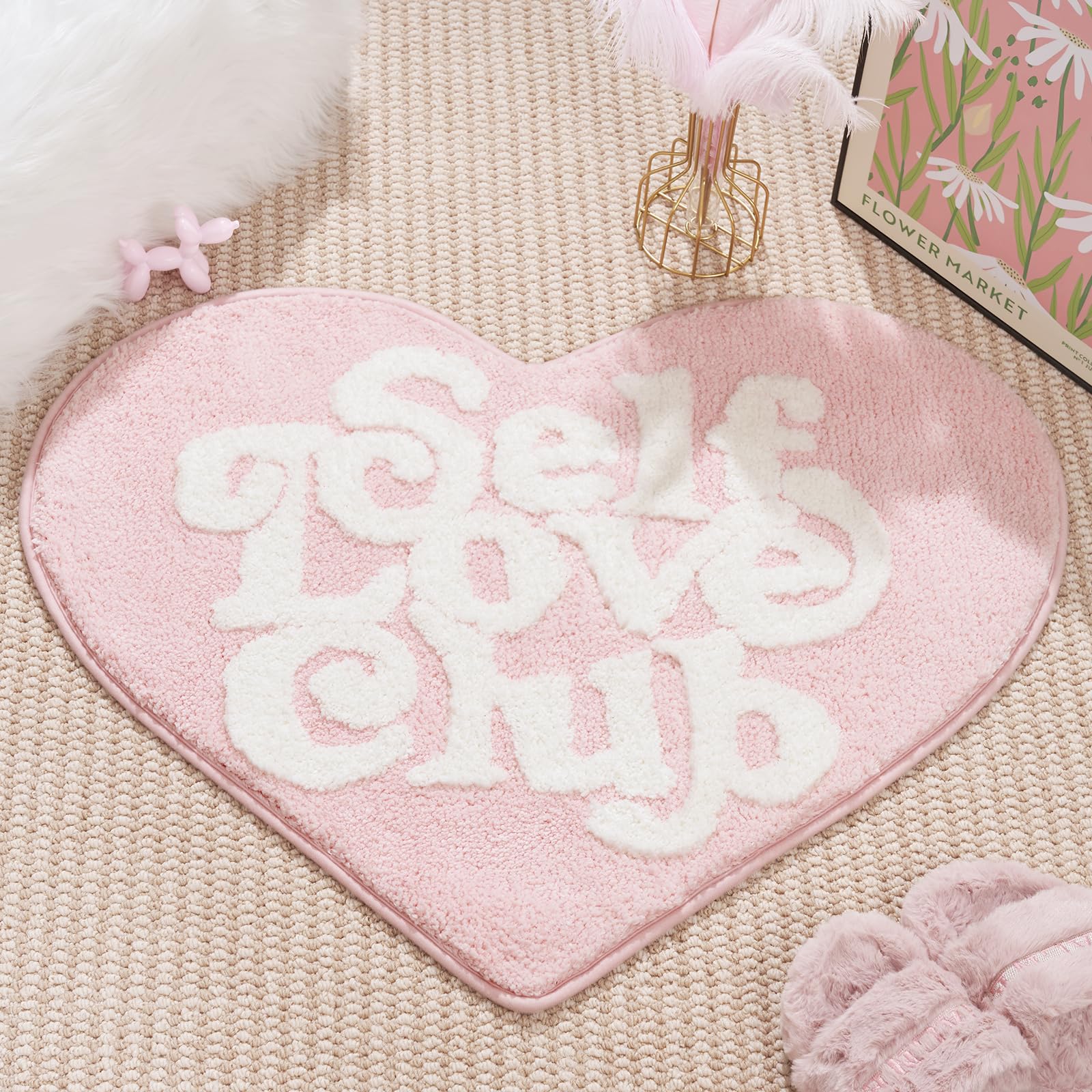 Eldone Self Love Club Rug Heart Shaped - Cute Bath Mat Non Slip, Funky Aesthetic Groovy Small Accent Rugs For Bedroom Bathroom,