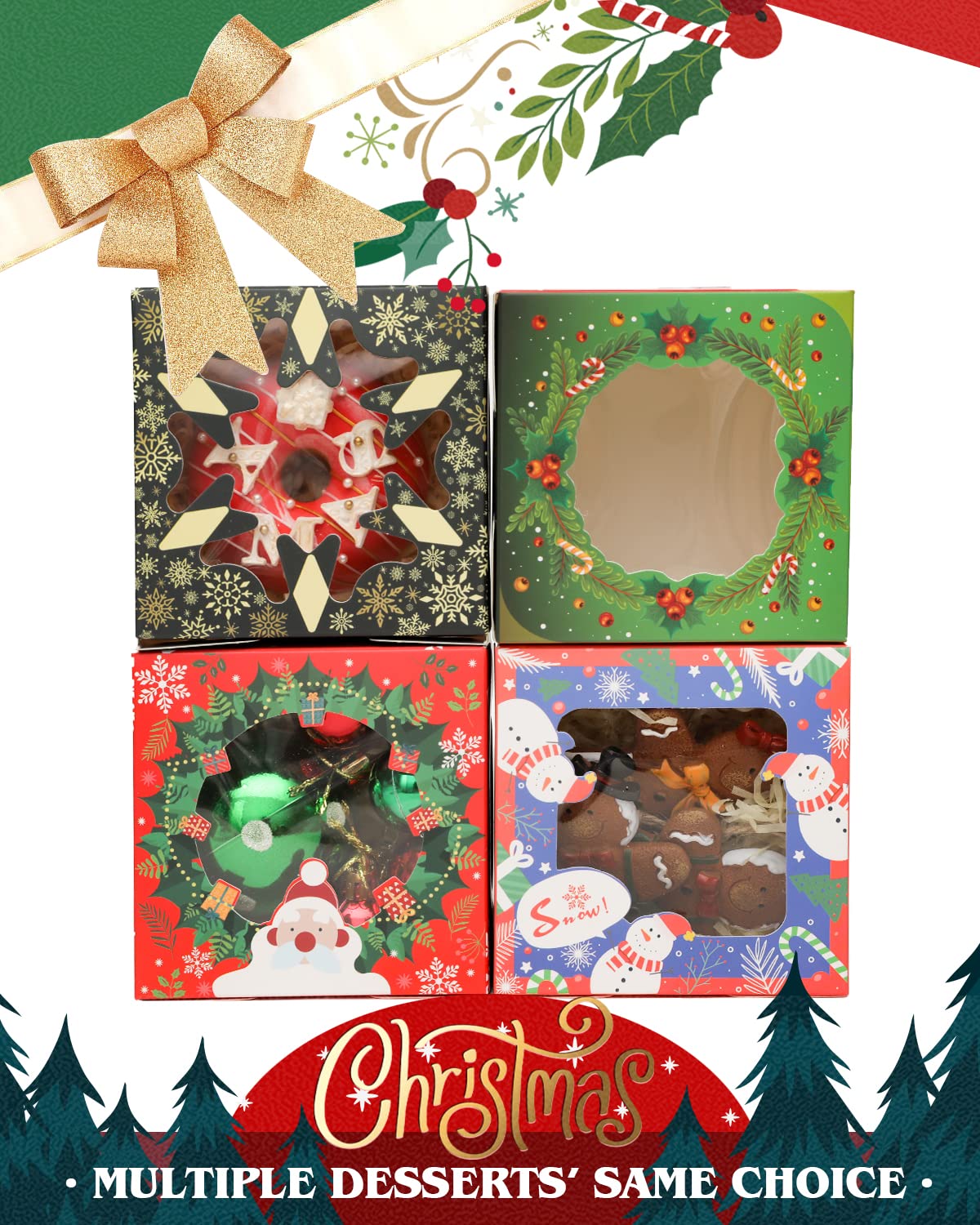 Qiqee Christmas Bakery Boxes With Window 4*4*2.5Inch/55Packs Mini Cookie Boxes Macaron Boxes Small Donut Pastry Boxes For Christ