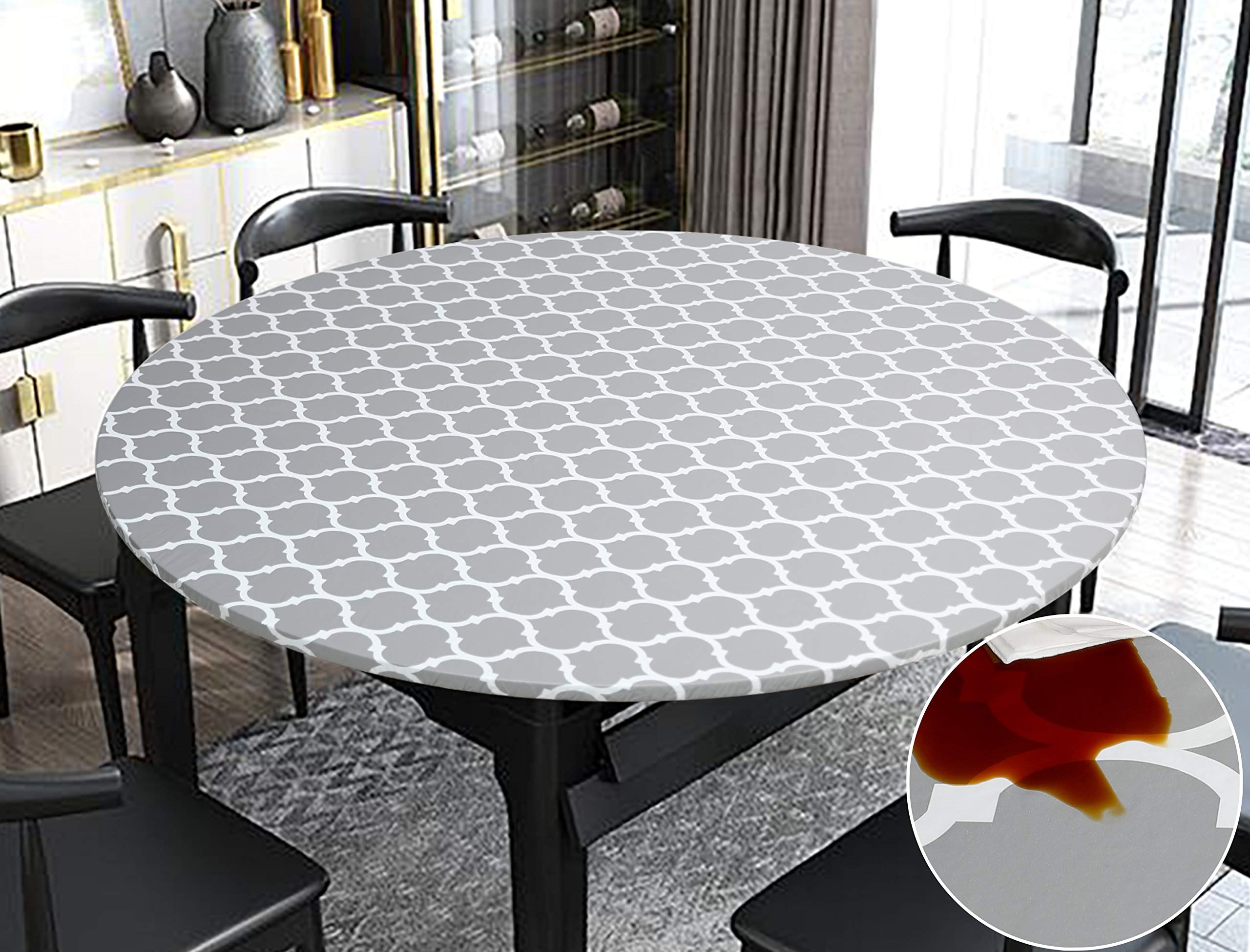 Rally Home Goods Indoor Outdoor Patio Round Fitted Vinyl Tablecloth, Flannel Backing, Elastic Edge, Waterproof Wipeable Plastic