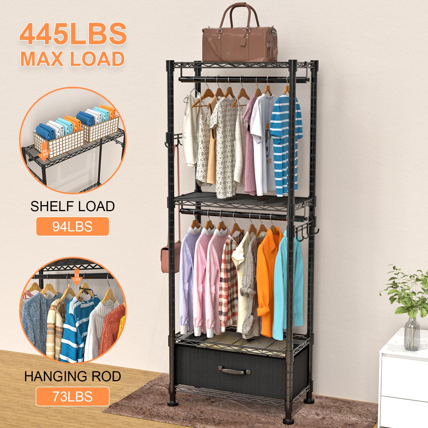 Vygrow Clothes Rack, Clothing Rack For Hanging Clothes, Kids Clothes Rack, 4 Tiers Adjustable Closet Organizer With Drawer | Dou