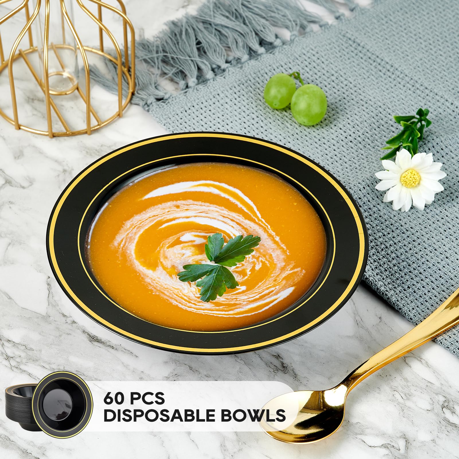 Jolly Party 50Pcs Black Plastic Bowls With Gold Rim-12Oz Disposable Soup Bowls, Christmas Thanksgiving Premium Dessert Salad Bow