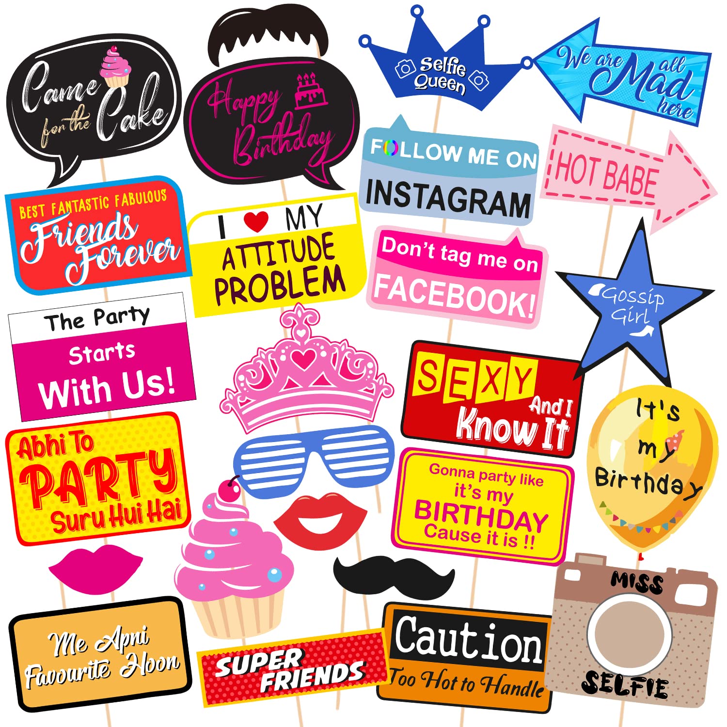 Zyozique 26 Pcs Multi Colour Theme Photobooth Props for Birthday Girl or Boy/Photobooth,Birthdays Parties Items Decorations Supp