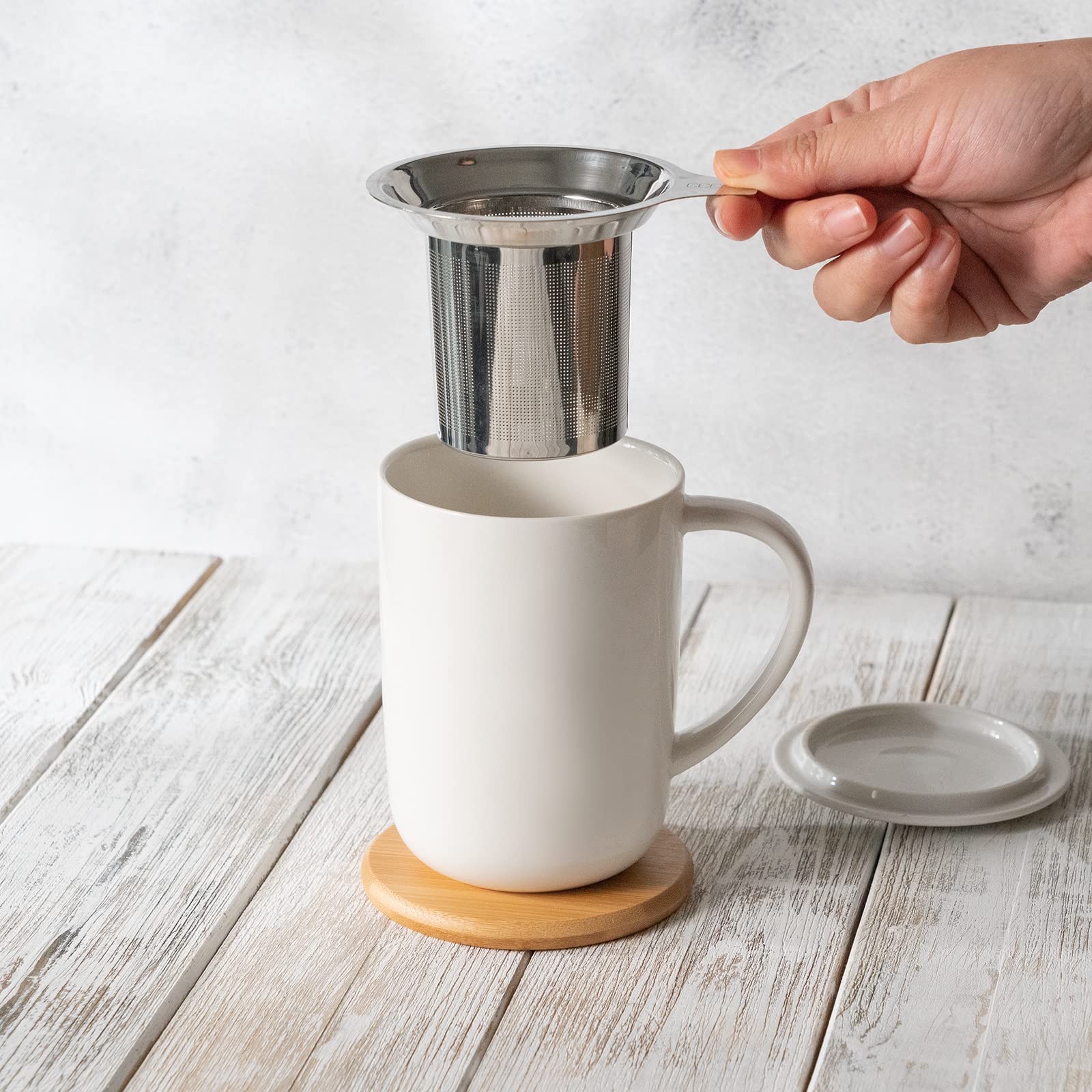 Ceefu Porcelain Tea Mug With Infuser And Lid, With Filter And Coaster, Loose Leaf Tea Cup Steeper Maker, 16 Oz For Tea/Coffee/Mi