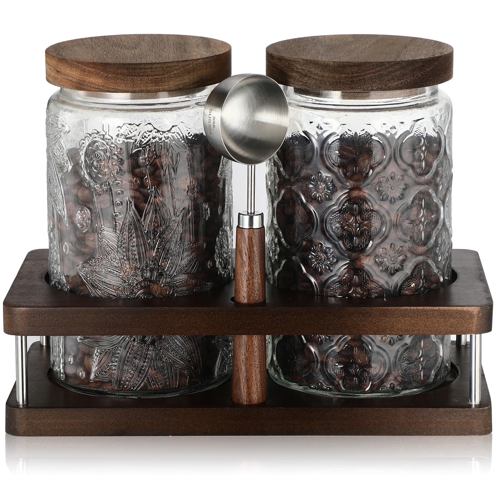 Suclain Glass Coffee Grounds Container with Shelf 2 x 34 oz Glass Coffee Bean Storage Canisters with Airtight Thread Lid and Mea