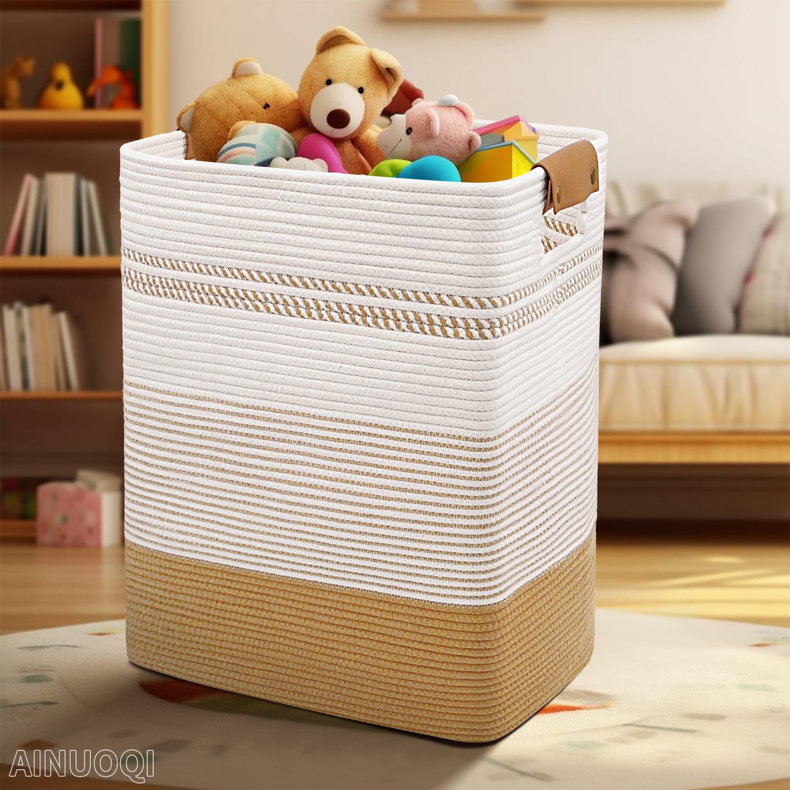 Ainuoqi Laundry Hamper - 85L Large Laundry Basket With Leather Handles, Decorative Storage Basket For Blankets - Cotton Rope Wov