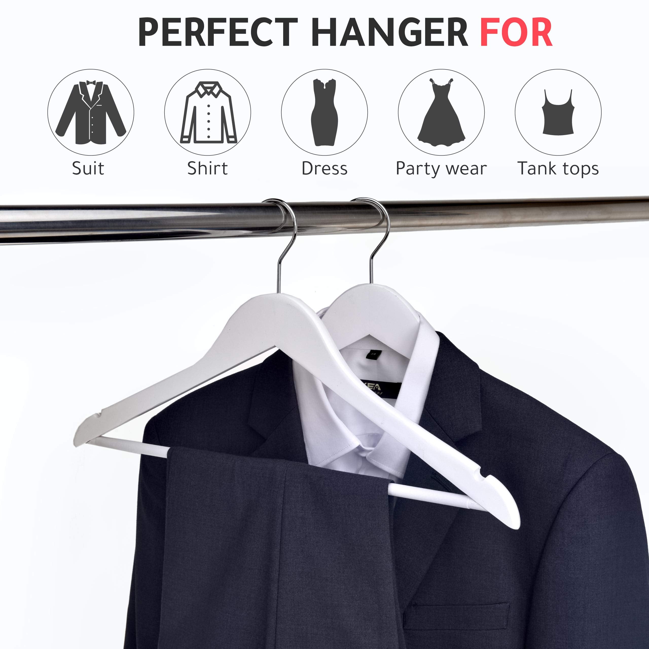 Quality Wooden Suit Hangers With Non Slip Pants Bar, 20 Pack, Smooth Finish Solid Wood Coat Hanger With Swivel Hook, Jacket, Pan