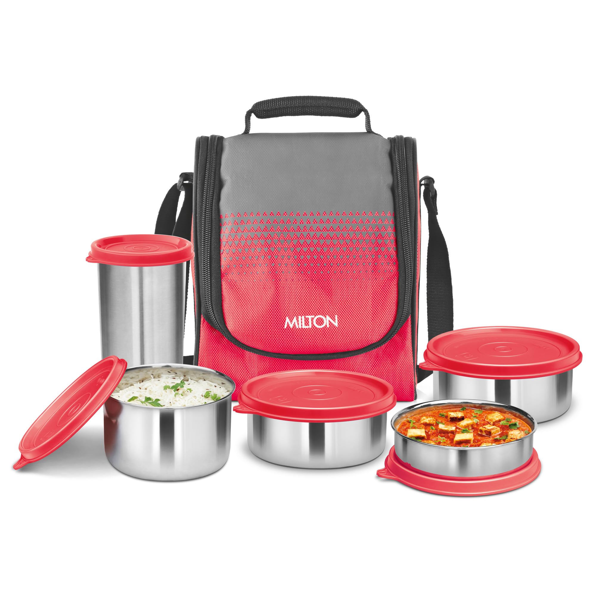 Milton Tasty 4 Stainless Steel Lunch Box With 4 Containers, (1-200 Ml, 2-320 Ml Each, 1-500 Ml) And 1 Tumbler, 530 Ml, Red