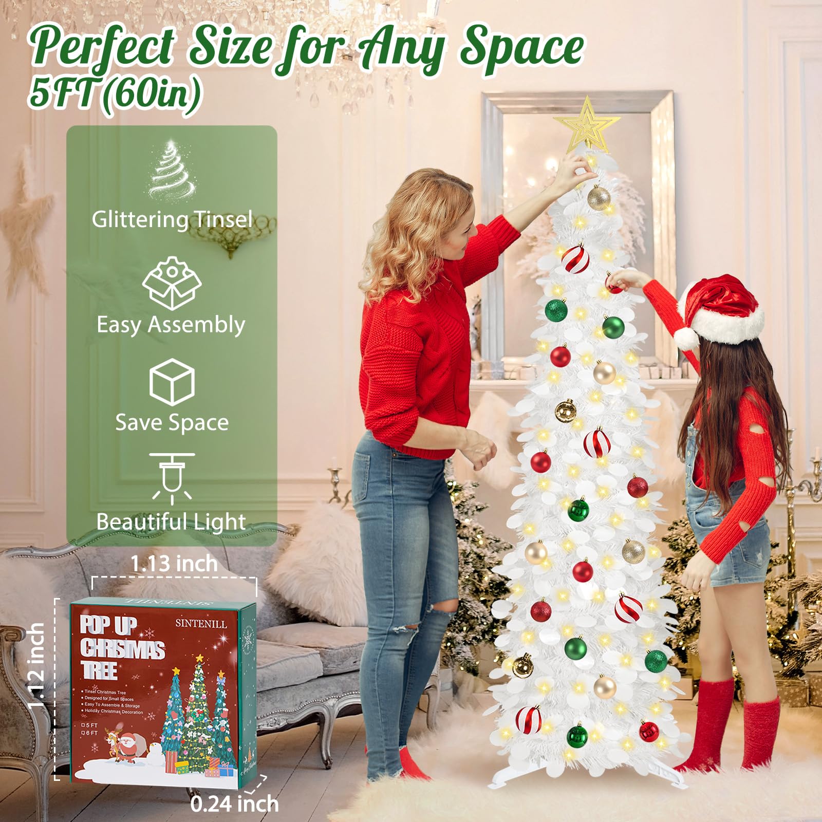 SINTENILL 5 FT Pop Up Christmas Tree with Timer Lights and Decorations, White Artificial Tinsel Christmas Tree with 24 Ball Orna