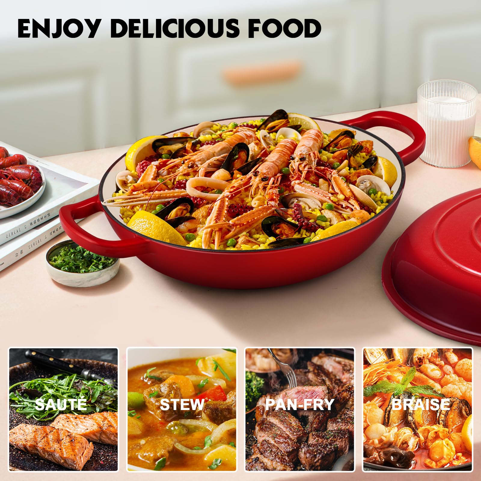 Overmont Enameled Cast Iron Dutch Oven - 3.8 Quart Dutch Oven Pot With Lid - Shallow Cookware Braising Pan - Cast Iron Casserole