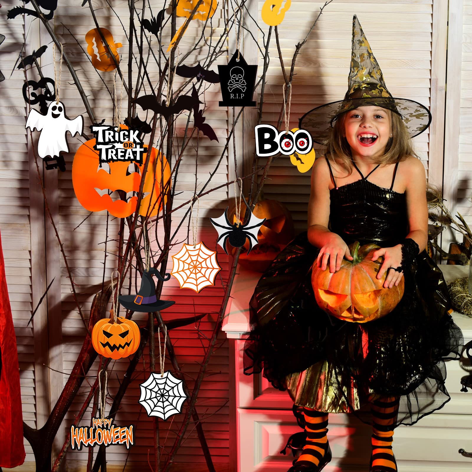 36 Pieces Halloween Wooden Hanging Ornaments Halloween Tree Decorations Wood Hanging Cutouts with Ropes for Trick or Treat Party