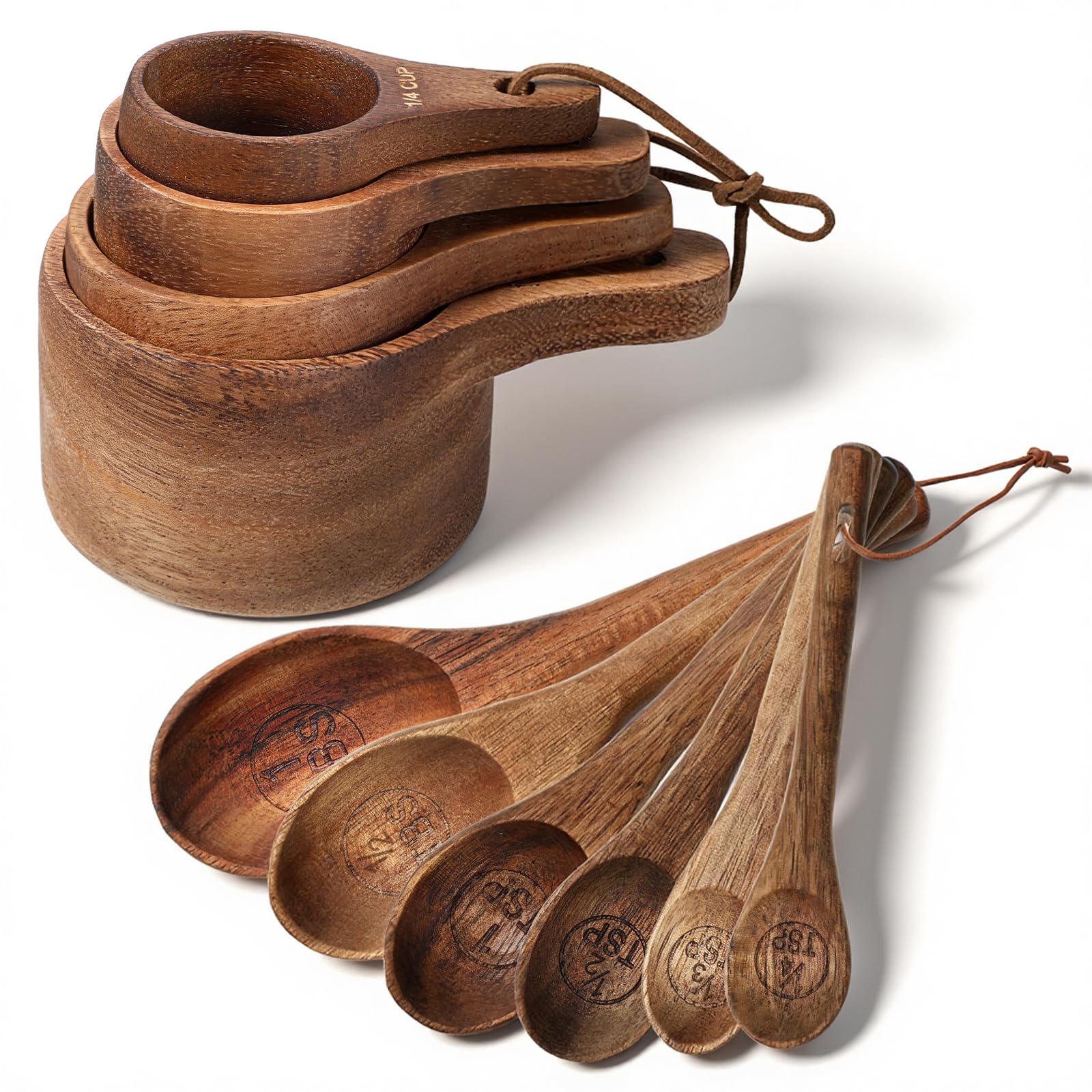 10Piece Wooden Measuring Cups and Spoons Set, Handcrafted Acacia Wooden Measuring Cups  Solid Acacia Wood, Laser Engraved, Woo