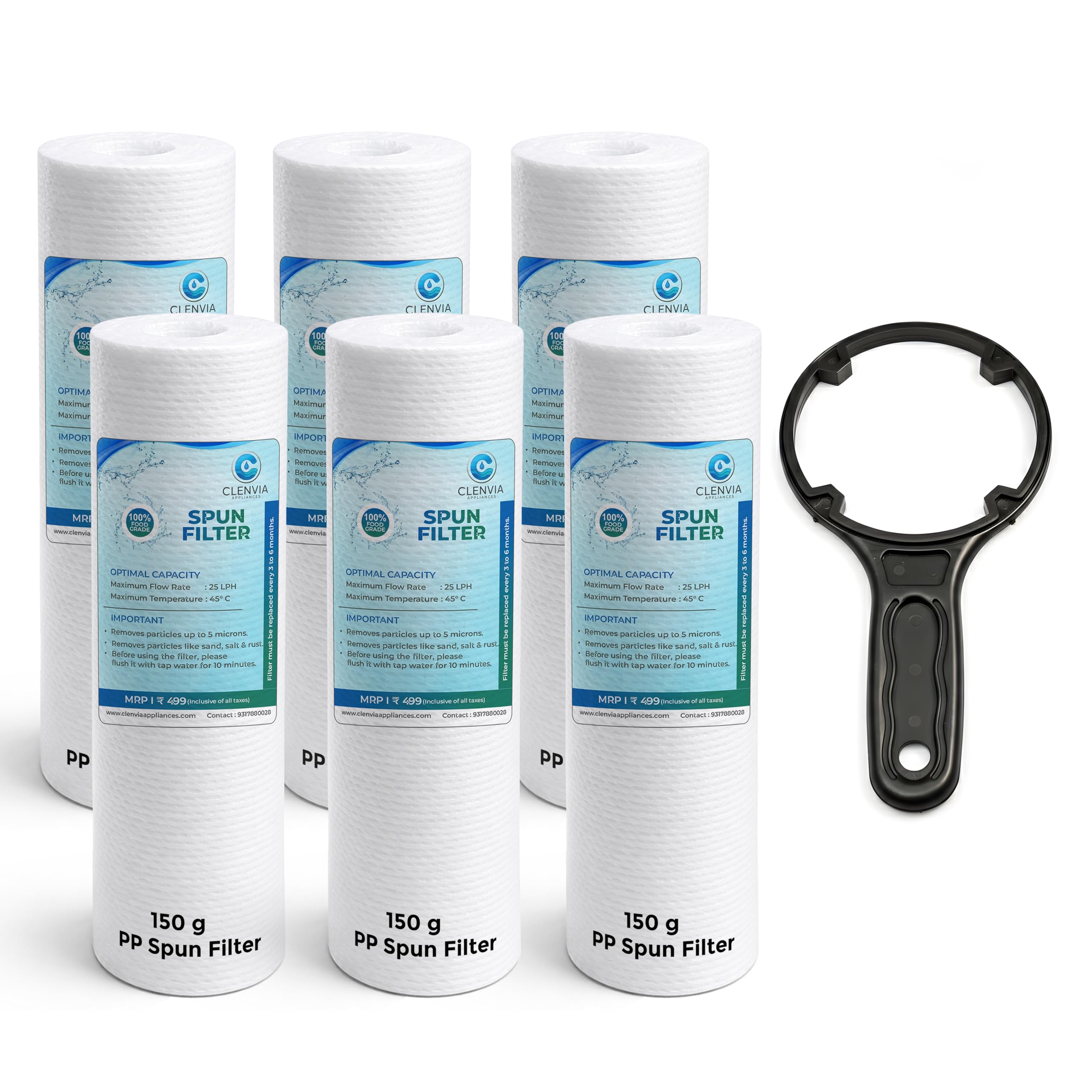 Clenvia 10 Inch 5 Micron Pp Spun Filter For Water Purifier  6 Pack + PreFilter Key (Spanner) | 150G HighDensity | FoodGrade 