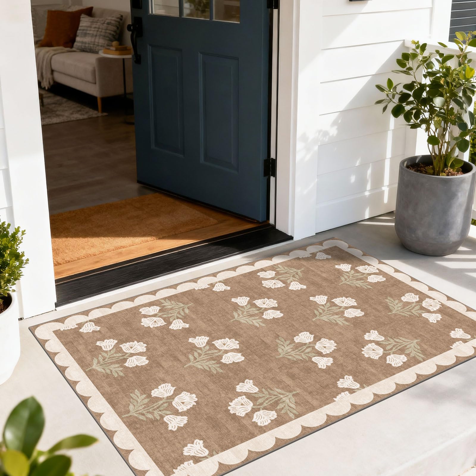 Othilic Floral Outdoor Rug - 28 x 43 Spring Front Door Mat Indoor Outside Entrance Non-Slip Washable Outdoor Mat Tan Boho Neutra
