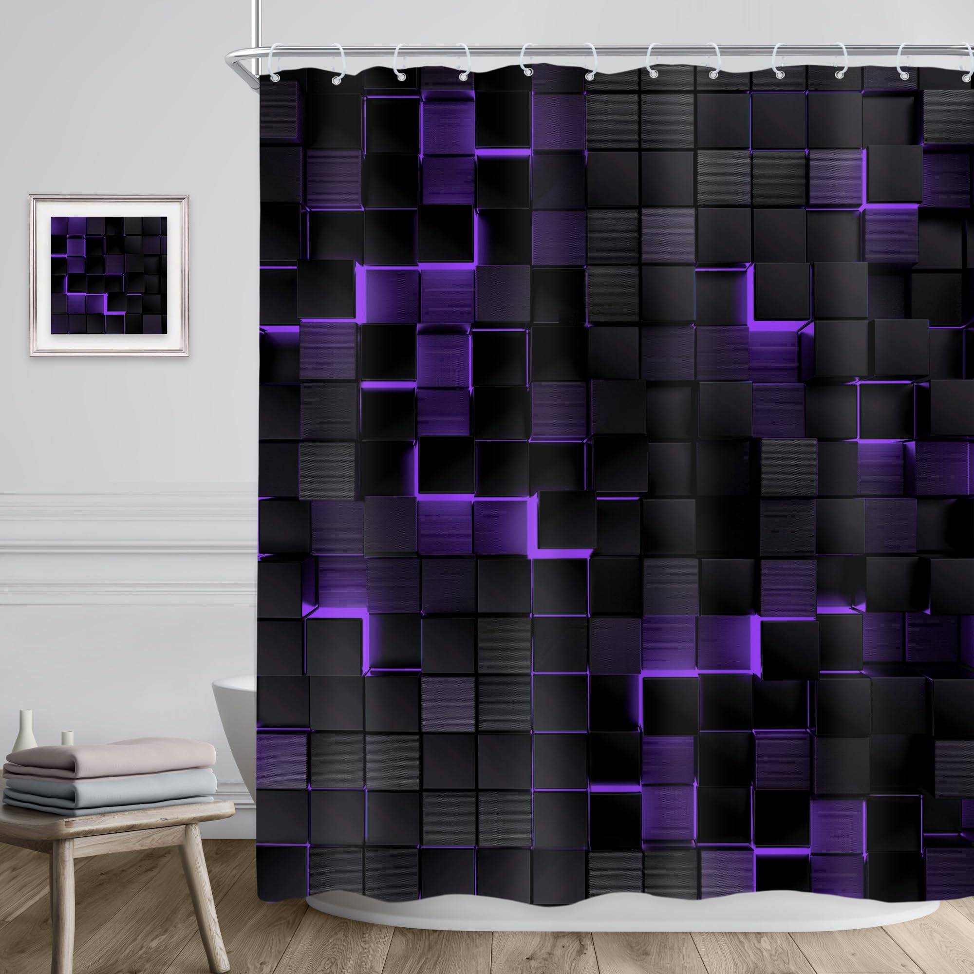 Riyidecor Black Purple Wall Shower Curtain 60Wx72H Inch Abstract Brick Modern 3D Gradient Design Futuristic Geometric Plaid Cube