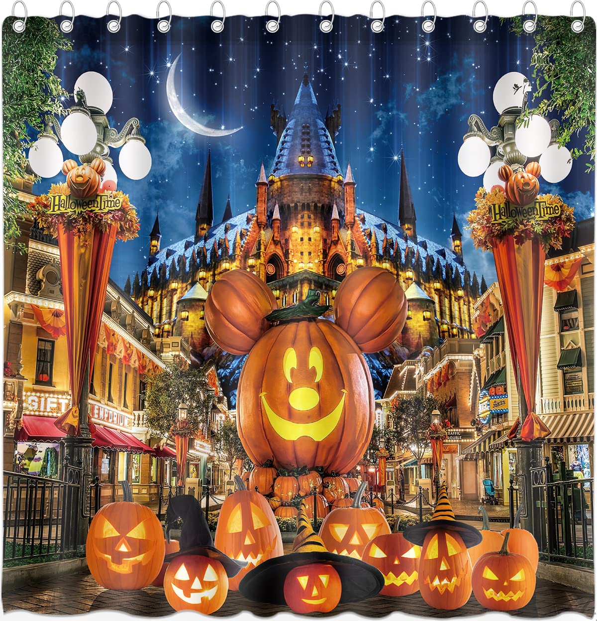 Dephoto Halloween Shower Curtain For Bathroom Kids Cartoon Pumpkin Wizard Hat Moon Castle Star Street Lamp Poliester Fabric Deco