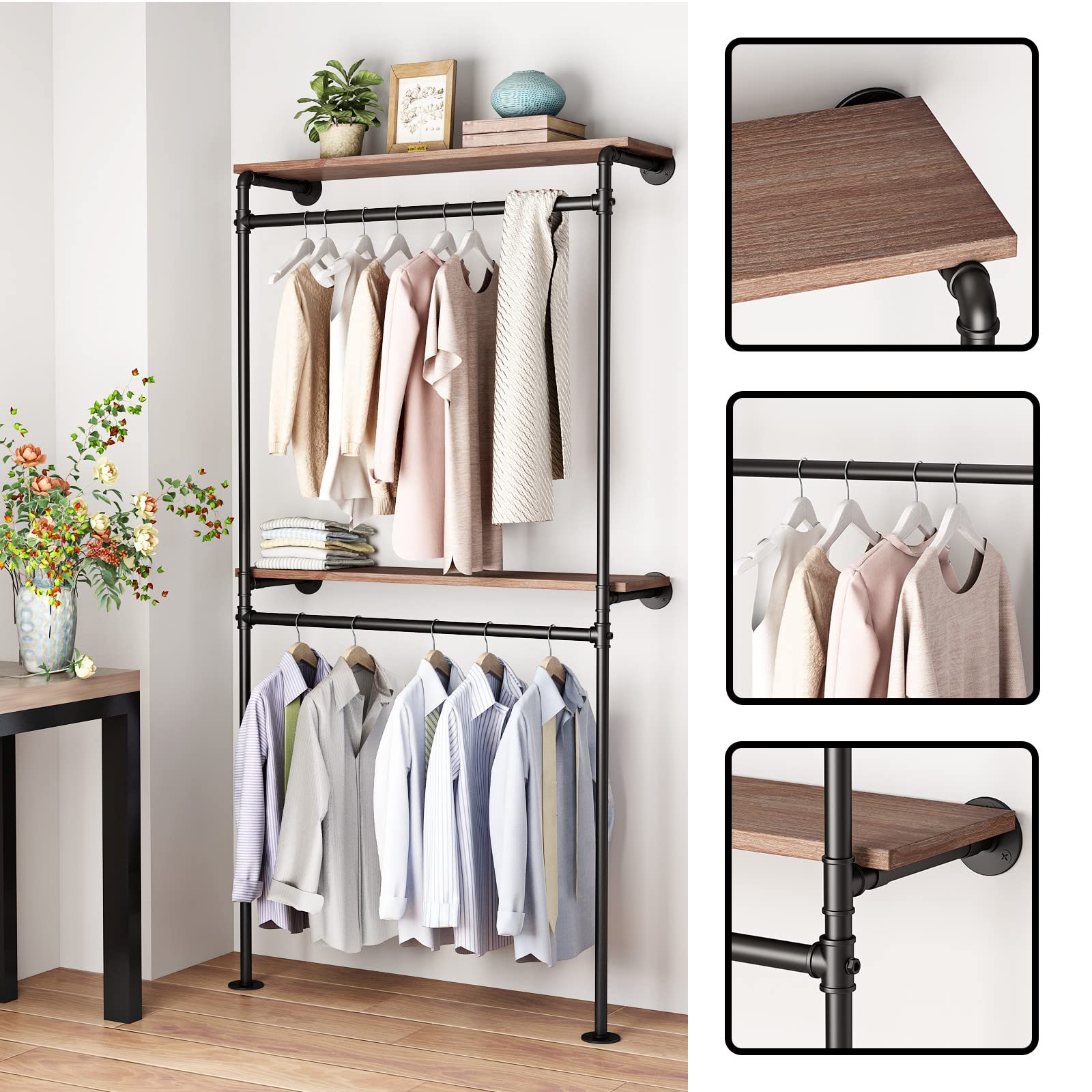 Dr.Iron Industrial Pipe Clothing Racks With 2 Tier Shelves, Wall Mounted Black Clothes Rack With Double Hanging Rods Heavy Duty