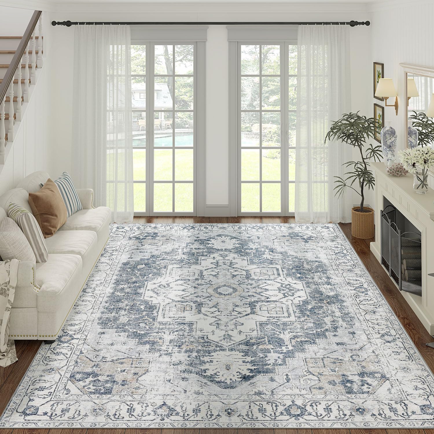 jinchan Area Rug 9x12 Washable Rug Vintage Rug Indoor Floor Cover Grey Multi Print Distressed Carpet Gray Thin Rug Chenille Mat 