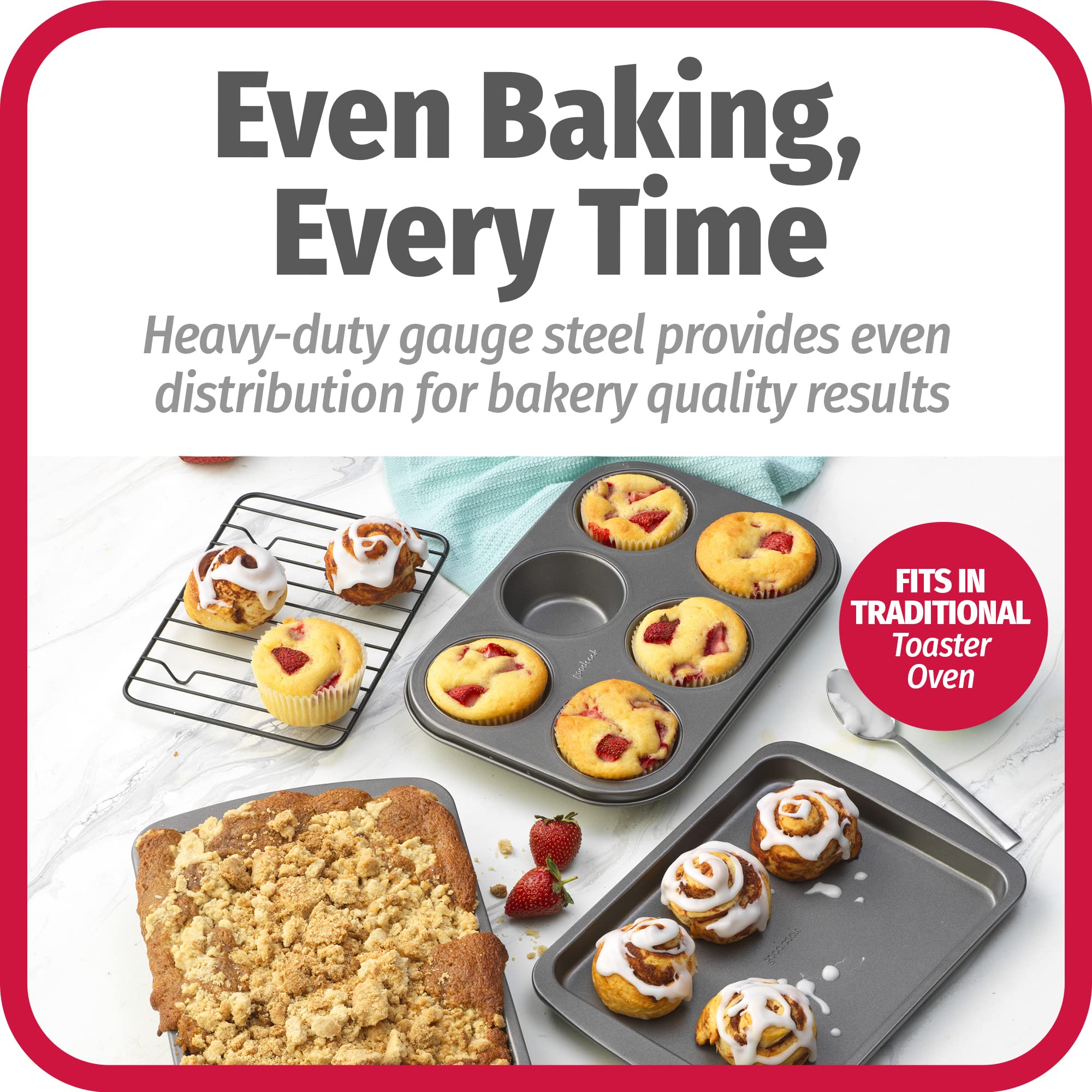 Goodcook 4-Piece Nonstick Steel Toaster Oven Set With Sheet Pan, Rack, Cake Pan, And Muffin Pan, Gray (4220), Assorted