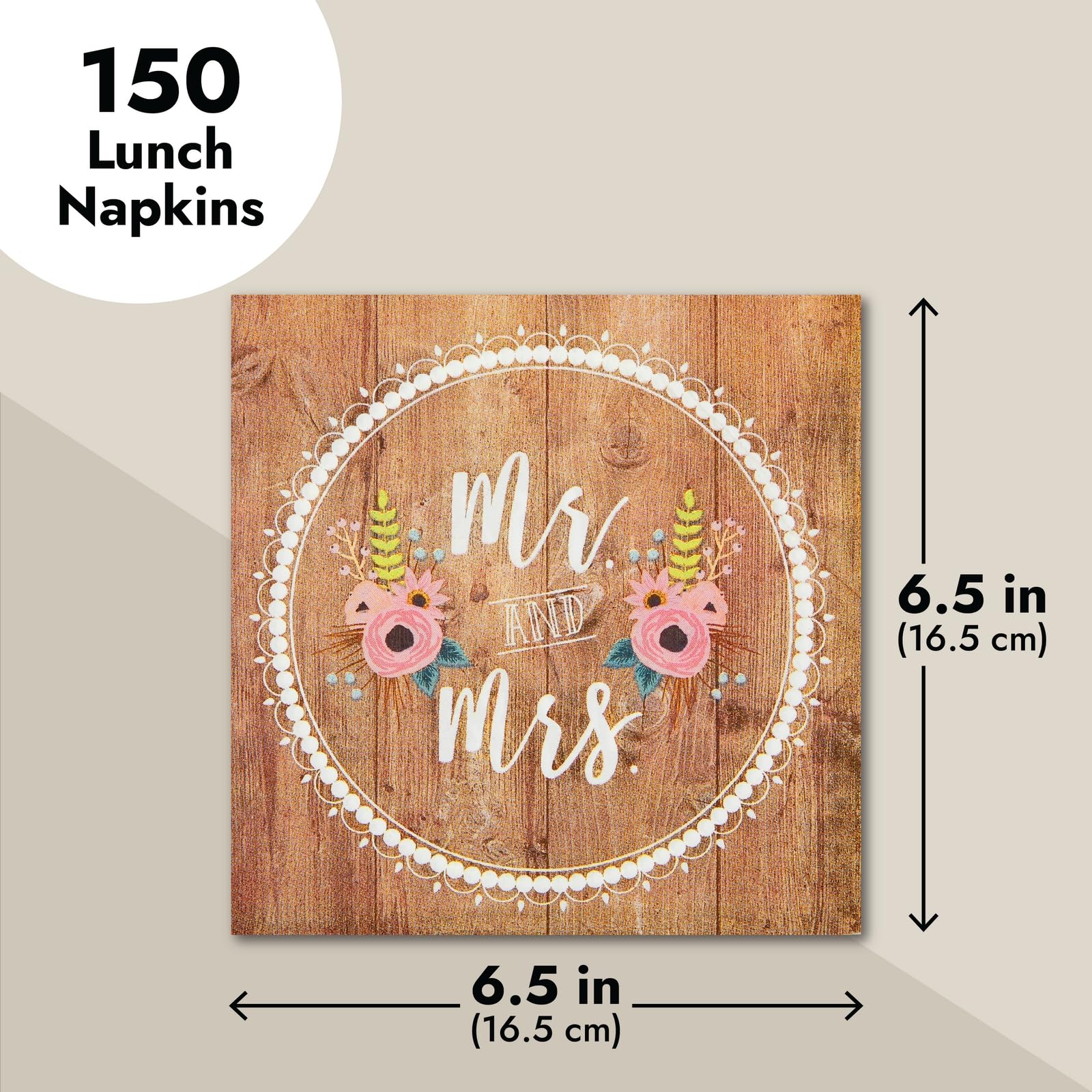 Blue Panda 150-Pack Mr And Mrs Napkins, Disposable, Rustic-Style Wedding Napkins For Reception, Bridal Shower Decorations, Engag