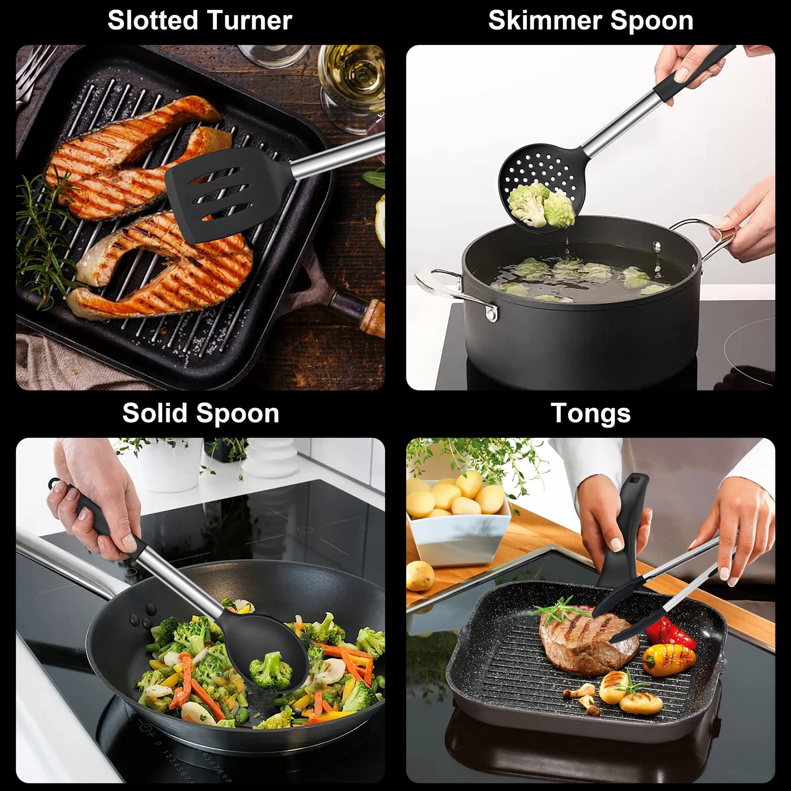E-Far Silicone Cooking Utensils Set, 7 Pcs Heat Resistant Kitchen Utensils With Stainless Steel Handle, Slotted Turner, Spoon, S