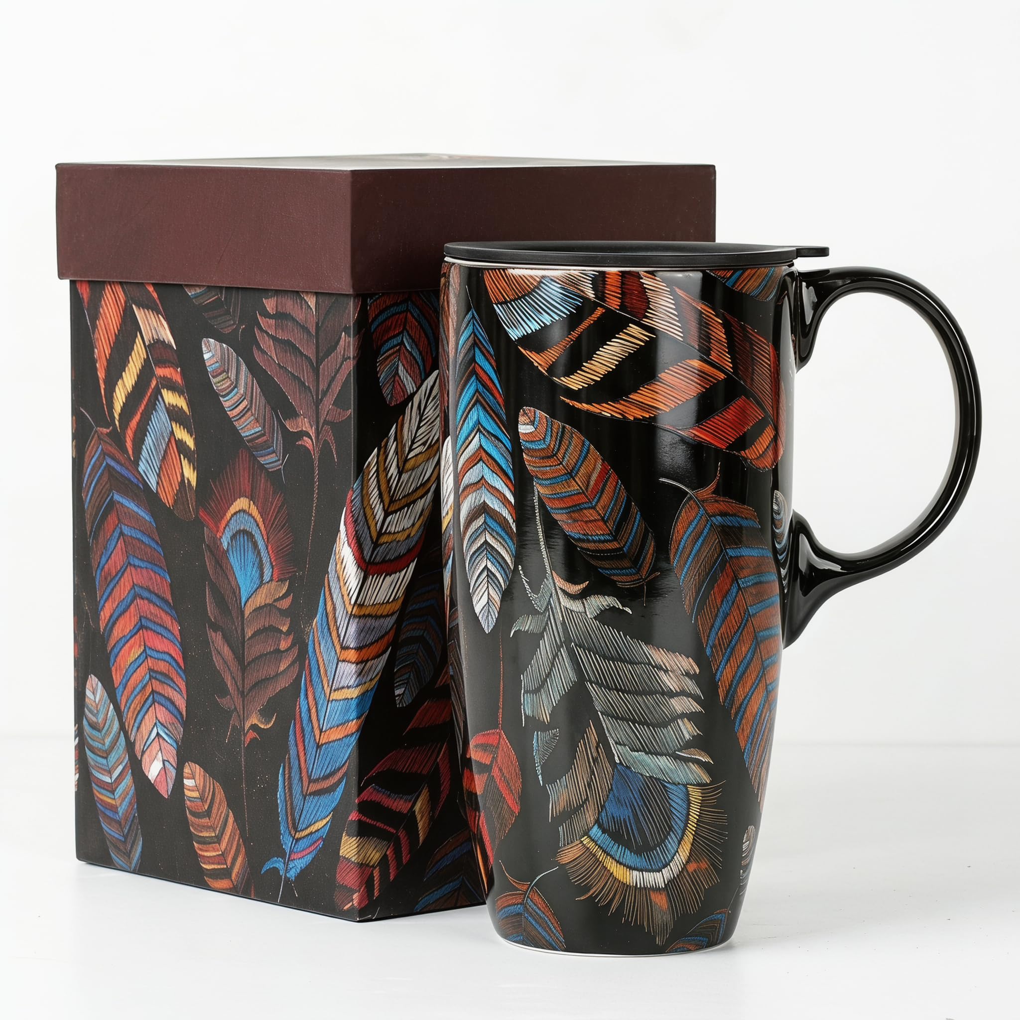 Topadorn 17oz Ceramic Travel Mug with Lid, Boho Feather Mug