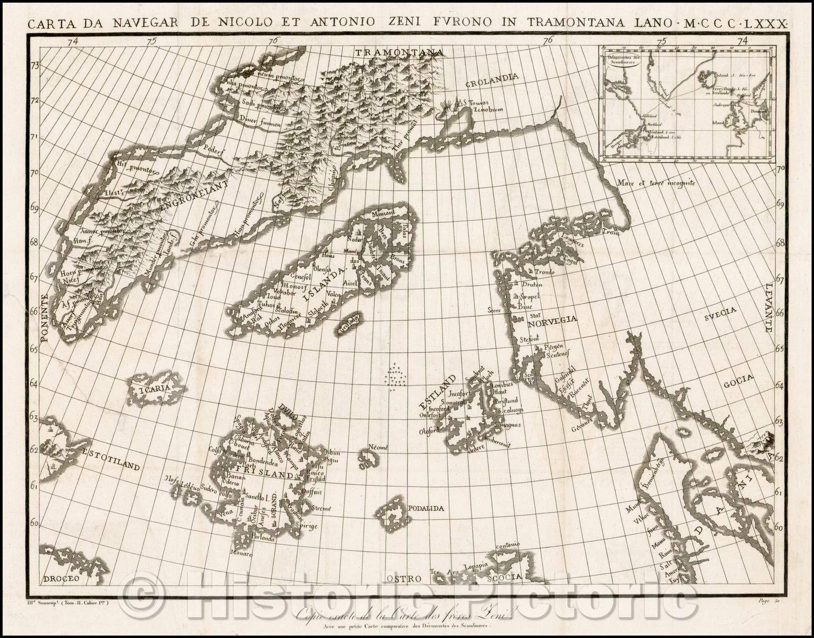 Historic Map - Carta Da Navegar De Nicolo Et Antonio Zeni Furono In Tramontana Lano, 1558, Nicolo Zeno - Vintage Wall Art 56In X